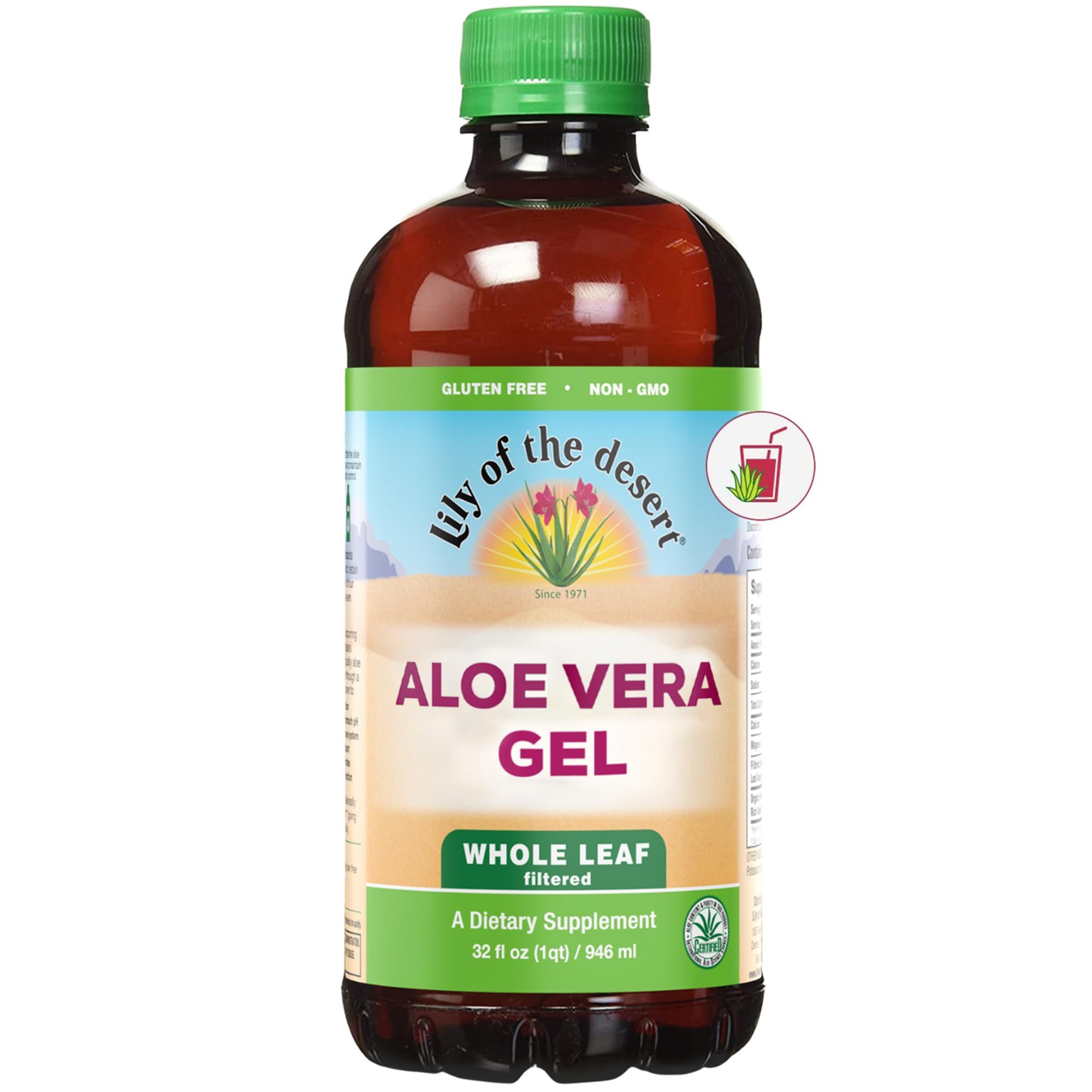 Lily Of The Desert Aloe Vera Gel, Preservative Free - Whole Leaf Filtered Thicker Consistency Aloe Vera Drink with Natural Vitamins, Digestive Enzymes for Gut Health, Wellness, Glowing Skin, 32 Fl Oz