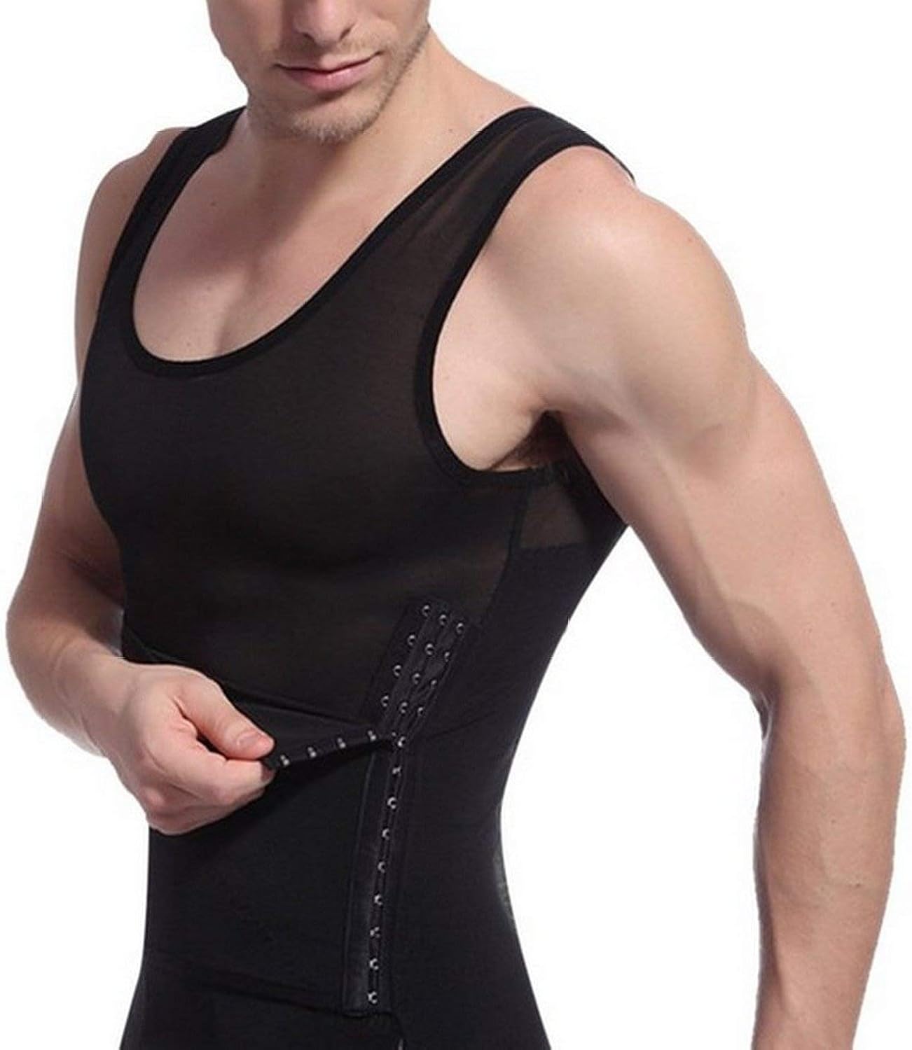 Showbellia® Men Shapewear Tummy Stomach Control Girdle Vest Waist Trimmers Corset Compression Slimming Abdomen Tank Tops Hook & Eye Closure, Black, One Size Fits Waist 34-44