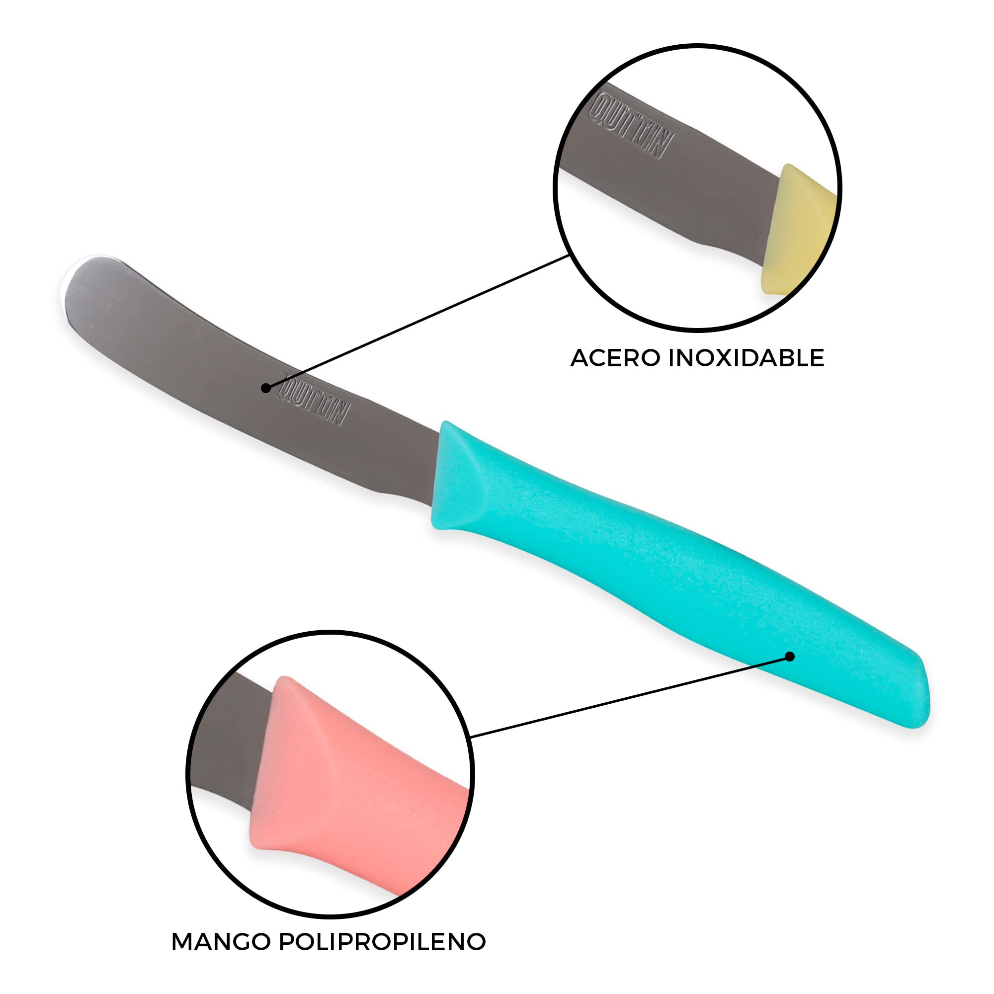 Quttin Cuchillo Untar Mantequilla Set de 3 Piezas. Ligero y Manejable con Hoja Afilada, Higiénico y Resistente. Mango Polipropileno en 3 Colores. Modelo Samba