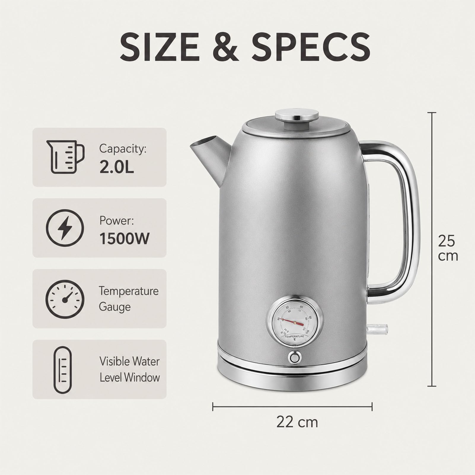 Czysty tytanowy czajnik elektryczny 2L do domu i biura Silver,22x25cm | Izolowany Elektryczny Czajnik do Herbaty z Automatycznym Wyłączaniem Duża Pojemność 2L