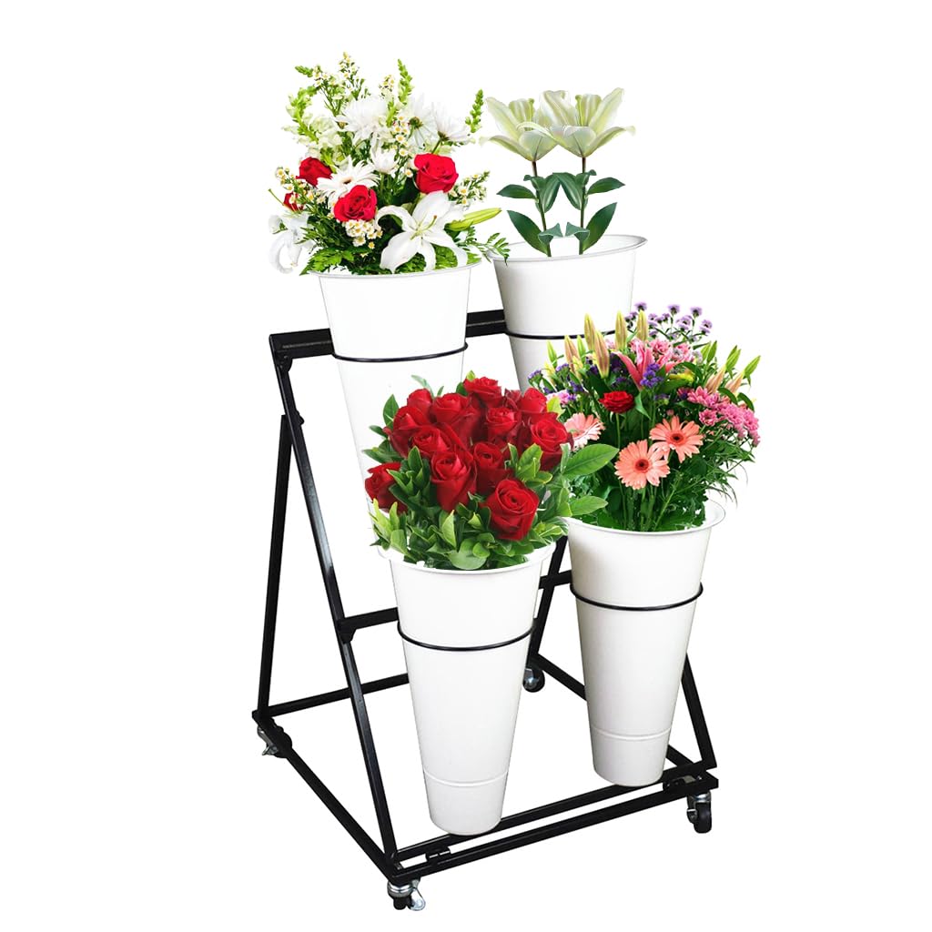 Présentoir à fleurs à 3 étages avec 6 seaux chariot roulant