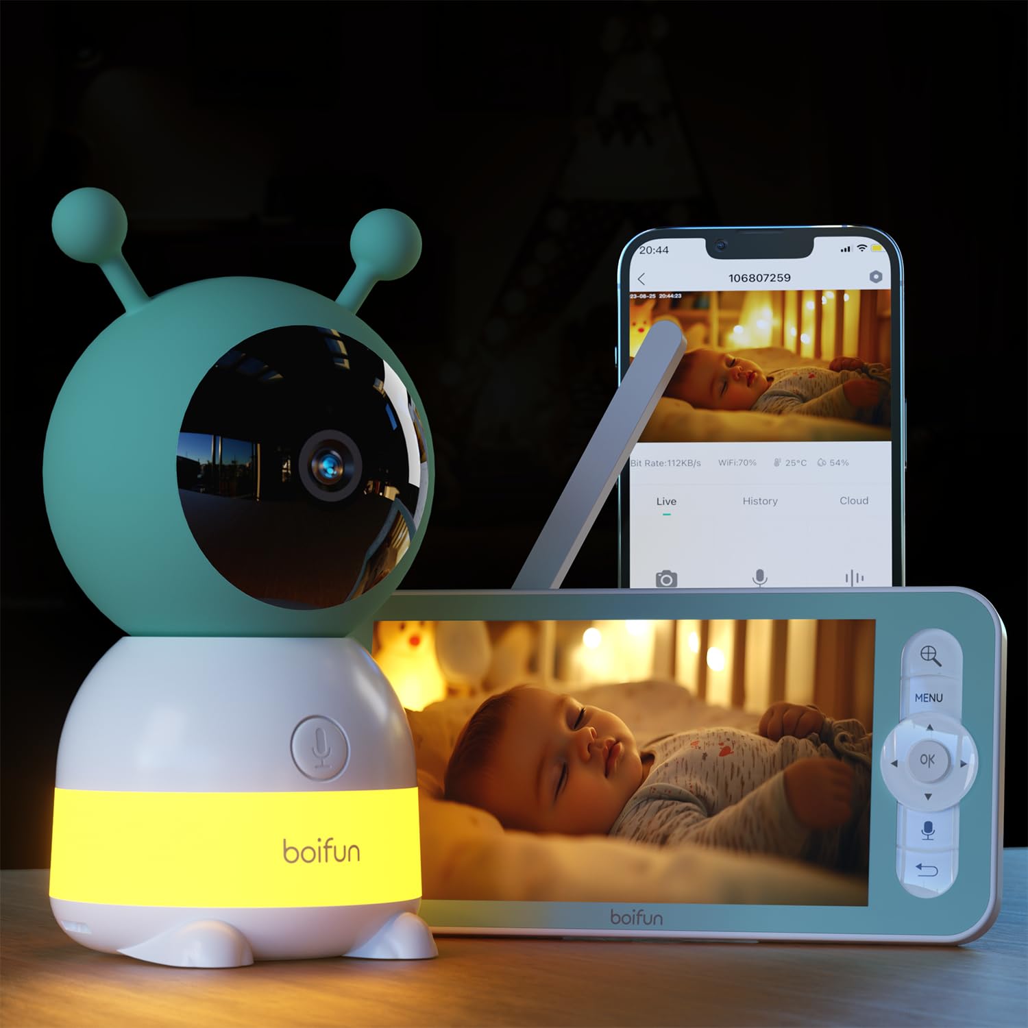 BOIFUN 2K WLAN-Babyphone mit Kamera, Nachtlicht, App-Steuerung | 5-Zoll-Monitor, IR Nachtsicht, 360° Kamera, Weinen/Bewegungs/Geräuscherkennung, Bewegungsverfolgung, Temp&Feuchteerfassung