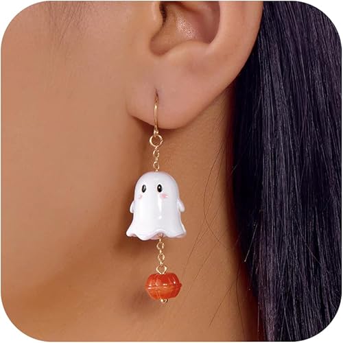 SLOONG Cute Halloween Earrings for Women Dangle, White Ghost Pumpkin Gold Dangle