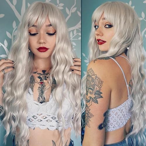 ANDRIA Platinum Blonde Wig with Bangs White Blonde Color Wig Wet and Wavy Long Loose Curly Wave Synthetic Heat Resistant Fiber Hair Gray Wigs for Women 26 Inch