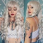ANDRIA Platinum Blonde Wig with Bangs White Blonde Color Wig Wet and Wavy Long Loose Curly Wave Synthetic Heat Resistant Fiber Hair Gray Wigs for Women 26 Inch