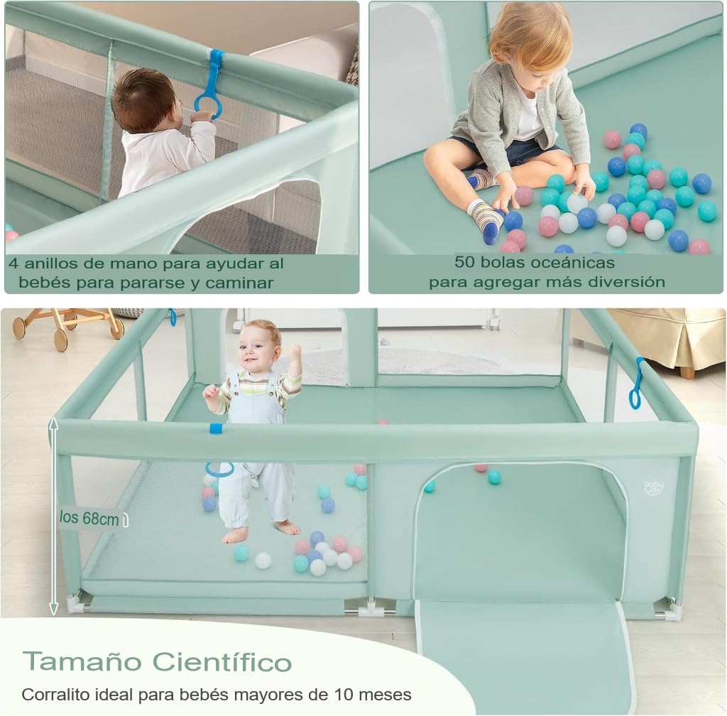 GOPLUS Parque para Bebés, Parque de juegos para Niños con Malla Transpirable, 4 Anillas, Bolas Oceánicas, Barrera para Bebé con Puerta, Centro de Actividades Interior para Niños, 180 x 200 cm (Verde)