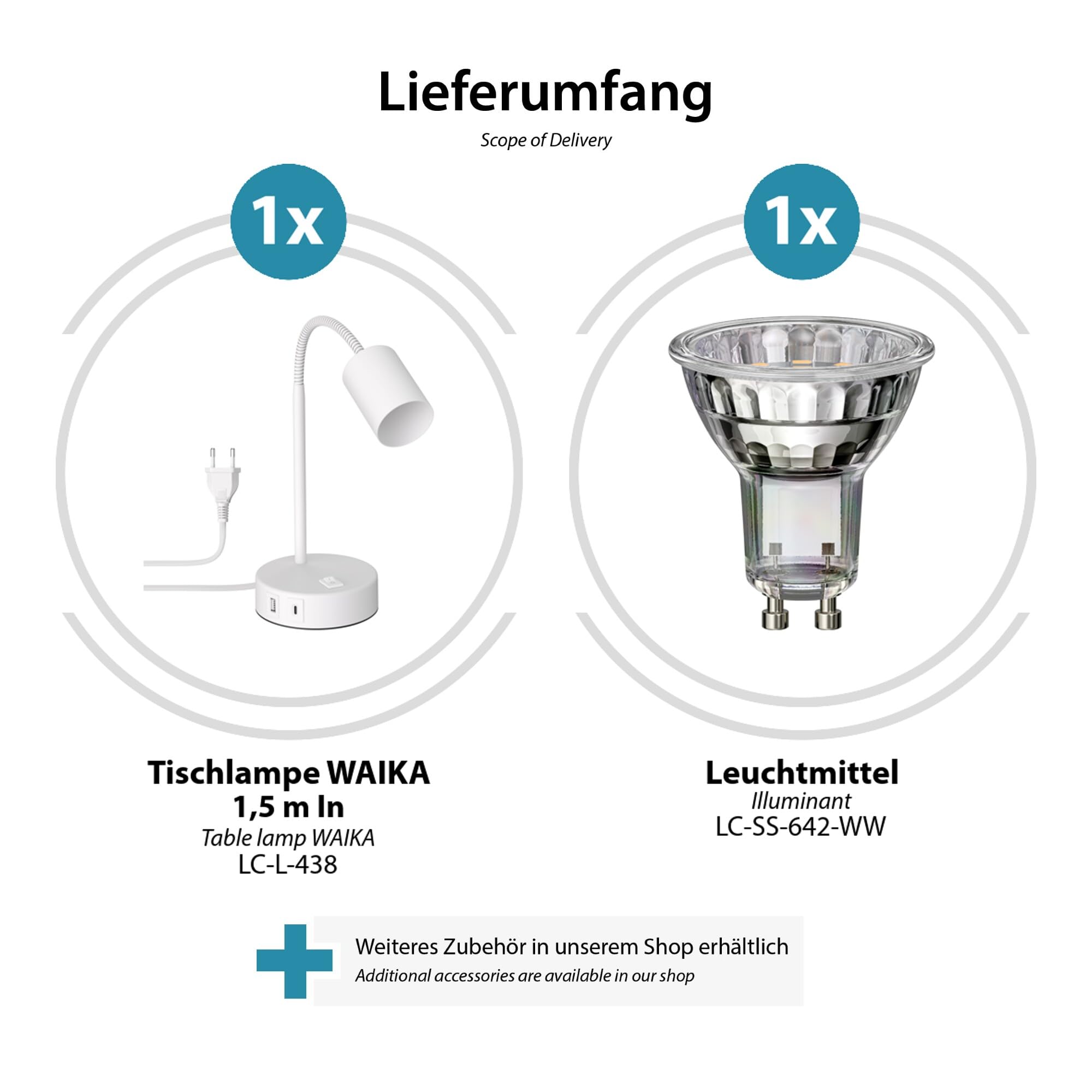 ledscom.de 2x Tischleuchte WAIKA, weiß, USB-A, USB-C, inkl. GU10 LED Lampe (warmweiß, 2,4W, 227lm)
