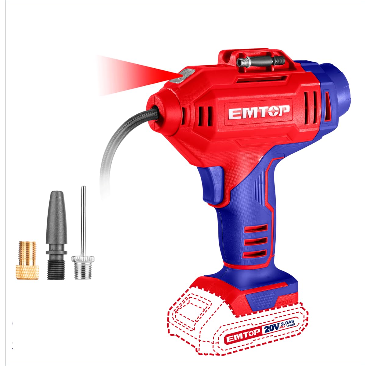 EMTOP - Compresor de Aire | 20 V | 150 PSI - 10 Bar | 0,5 KG | para Inflado de Neumáticos, Herramientas Neumáticas y Pintura | Diseño Robusto y Larga Durabilidad