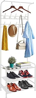 Porte-manteau en métal, avec porte-chaussures, étagères à 8 crochets amovibles, pour vêtements, chapeaux, écharpes, sacs à main, parapluie