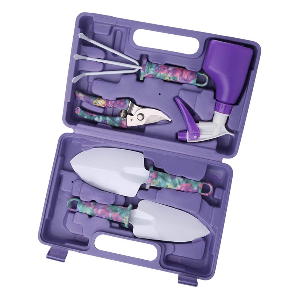 Conjunto de herramientas de jardín, Kit de herramientas de jardinería ligero con Mango antideslizante y Bolsa de asas de almacenamiento duradero para jardin, Patio, Púrpura Paquete de 5
