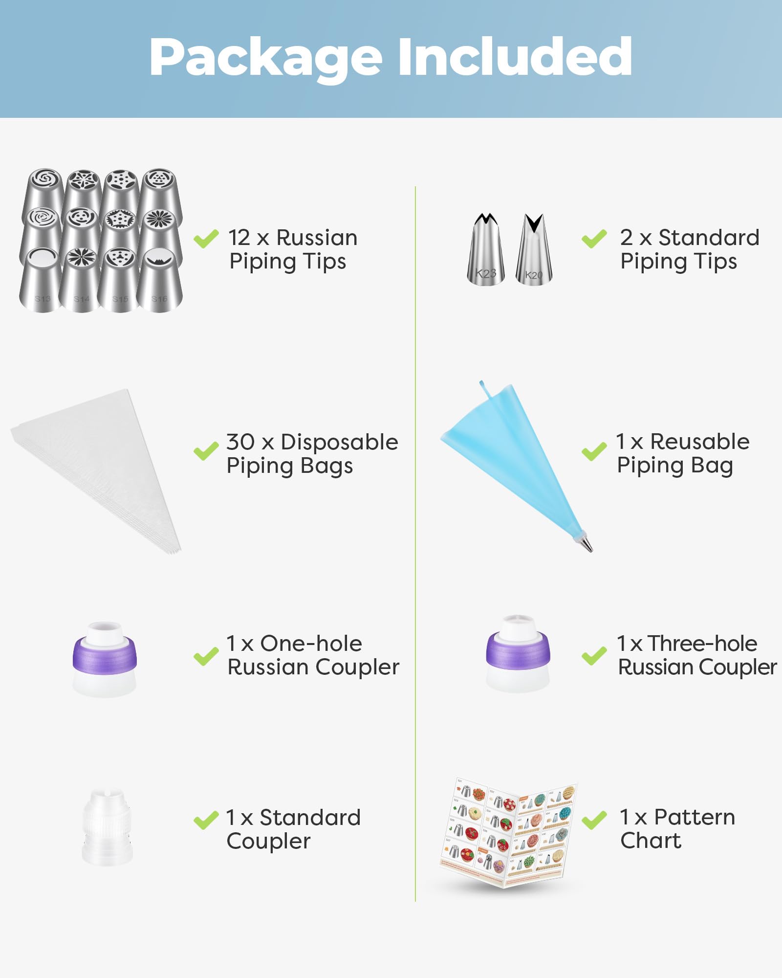 Kootek 48Pcs Russian Piping Tips Set, Piping Bags and Tips Set with 12 Russian Tips, 2 Icing Tips, 30+1 Pastry Bags, 3 Couplers for Cake Decorating, Cupcake, Cookie, Baking