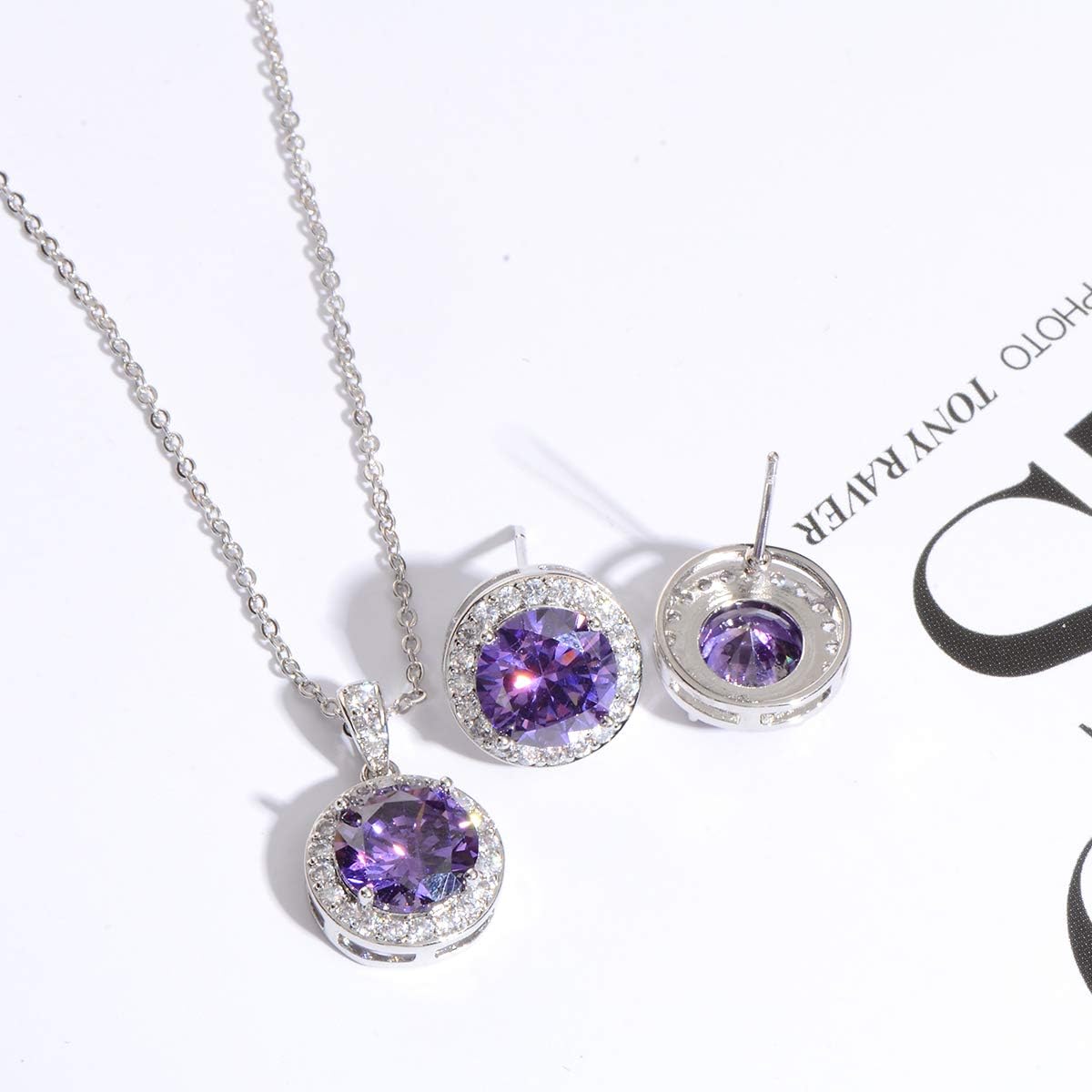 Bridal Crystal Jewelry Set - Sterling Silver Round Cubic Zirconia CZ Rhinestone Halo Birthstone Pendant Necklace Stud Earrings Set for Wedding Bride Bridesmaids Birthday Gift - Image 4