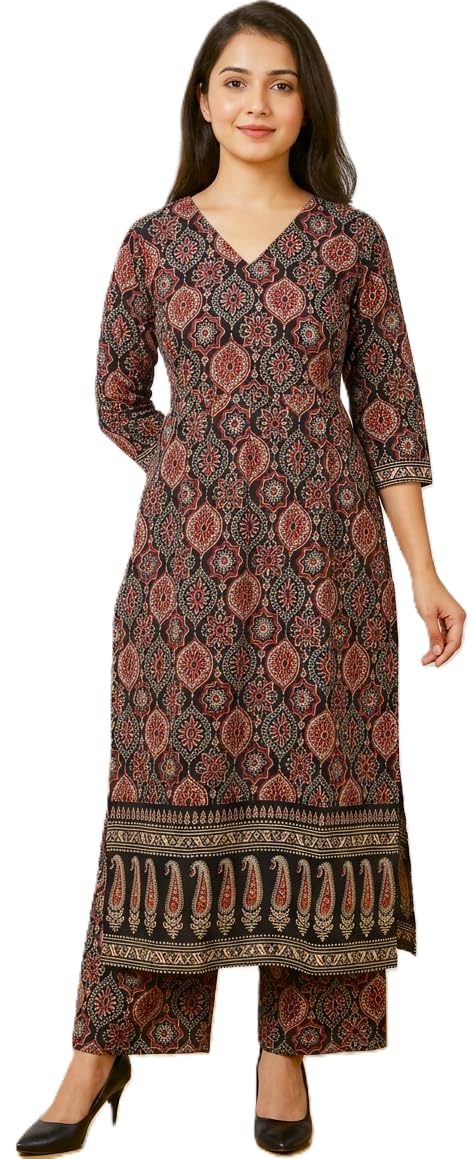 Floral Print Cotton Straight Kurta Palazzo Set for Women | 3/4 Sleeves Indo-Western Fusion Set | Trendy College Wear Ethnic Co-ords | Lightweight Summer Suit Set-image-9