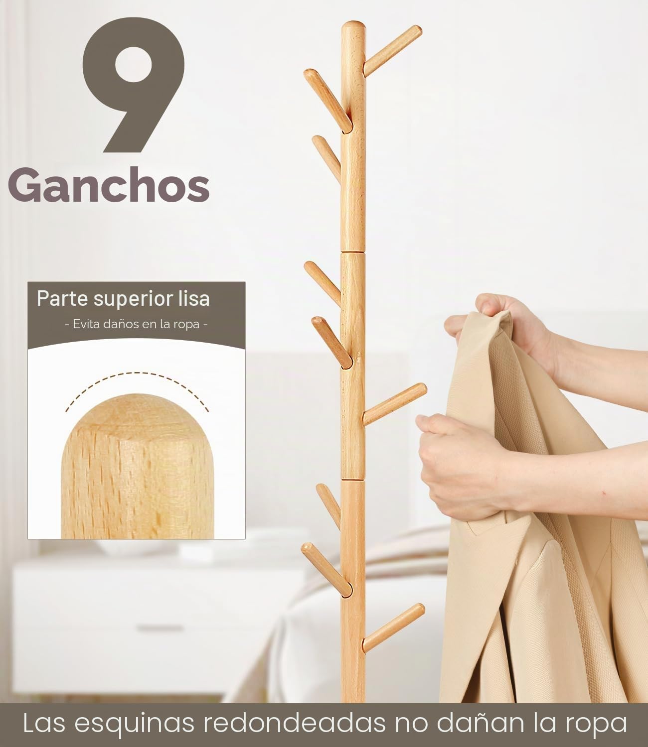 Perchero de madera de haya maciza en forma de árbol para ropa, 9 ganchos, 185 x 38 x 38 cm, para chaquetas, sombreros, bolsos, entrada, pasillo, oficina, dormitorio (natural)
