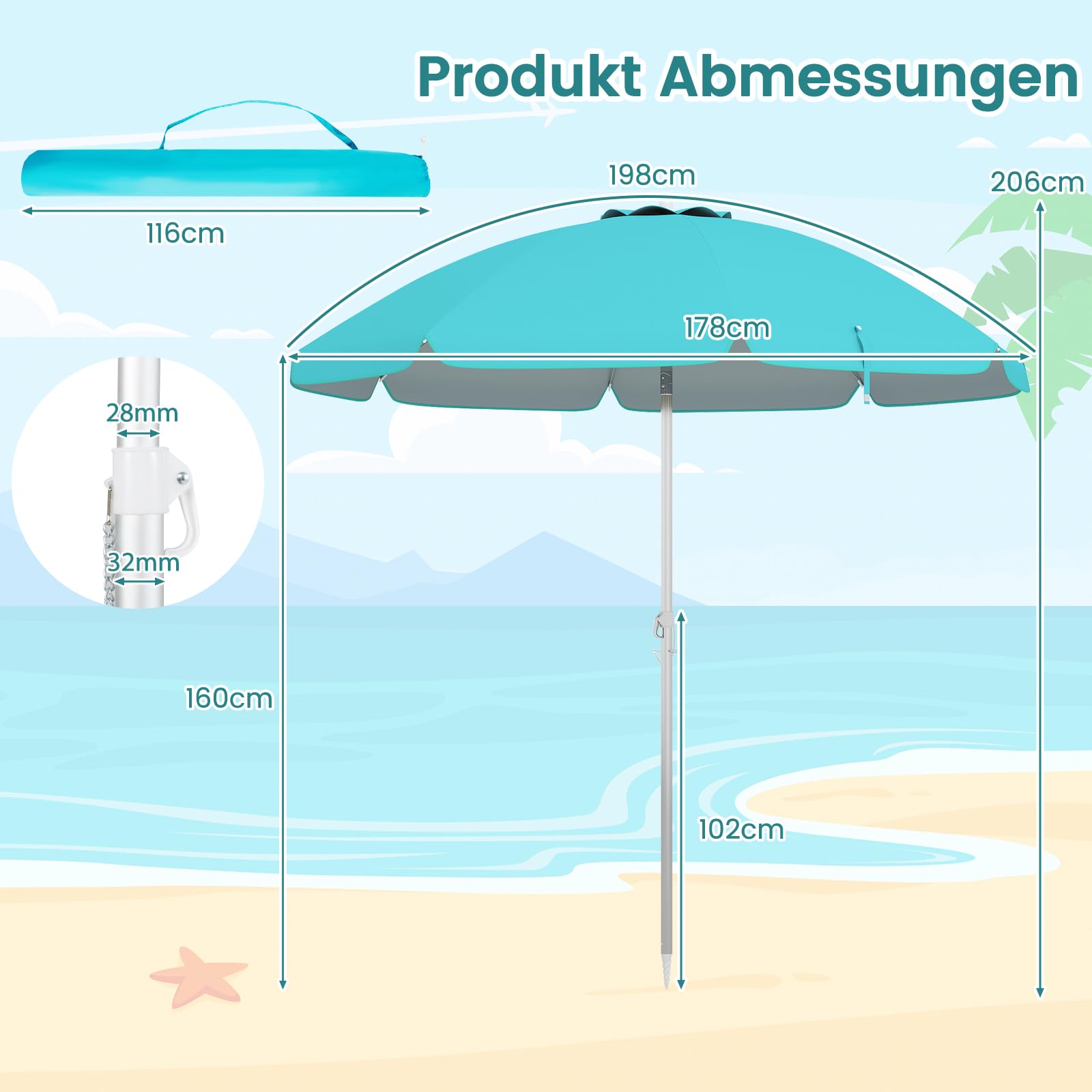 GOPLUS Parasol plażowy 180 cm / 200 cm / 220 cm, składany o 30°, parasol ogrodowy UV 50+, parasol stołowy z tuleją osadczą, parasol tarasowy, w zestawie pokrowiec ochronny, żeberka z włókna szklanego,