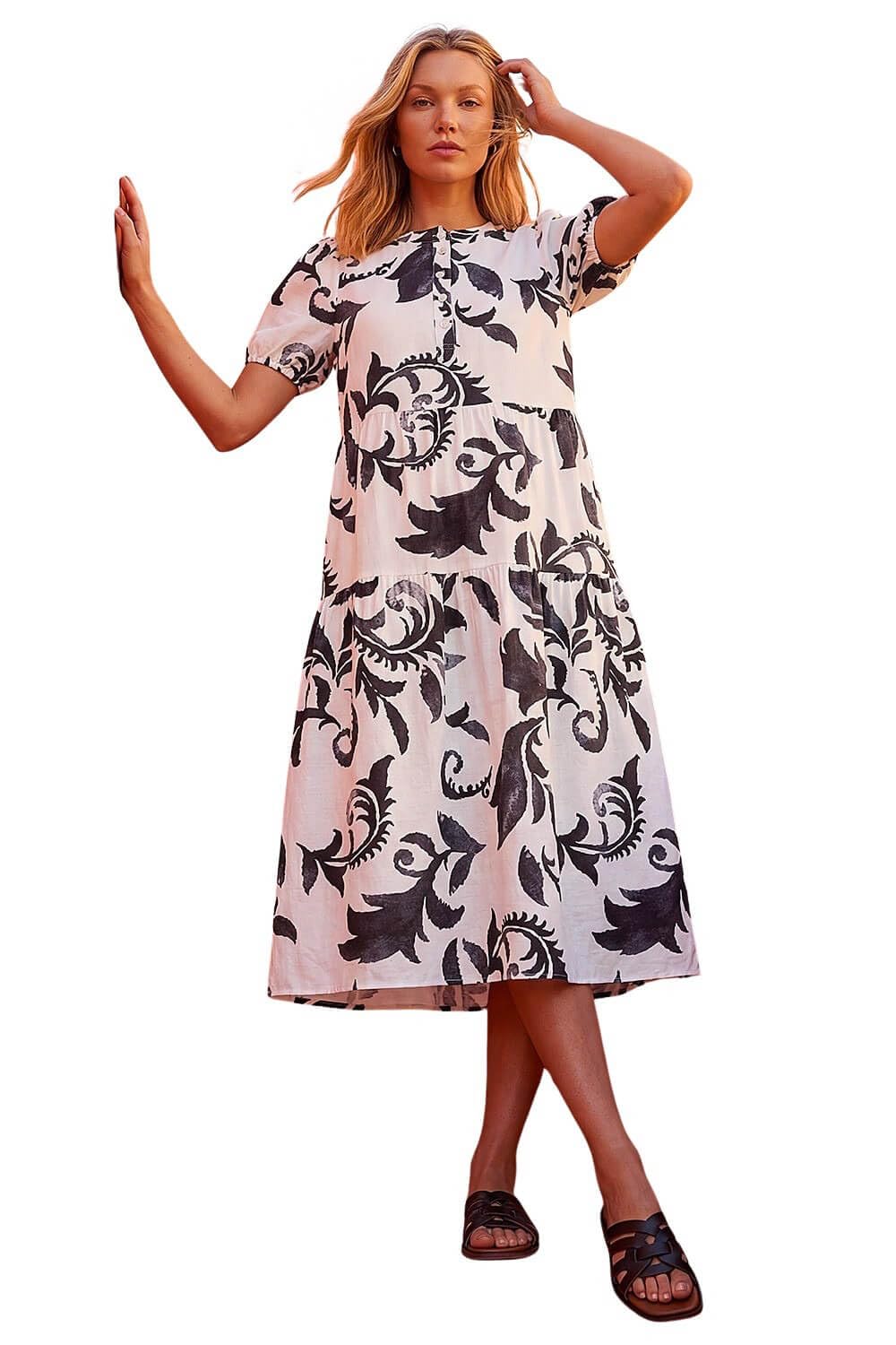 Roman - Women's Midi Dress - Leaf Print - Navy - Size 16