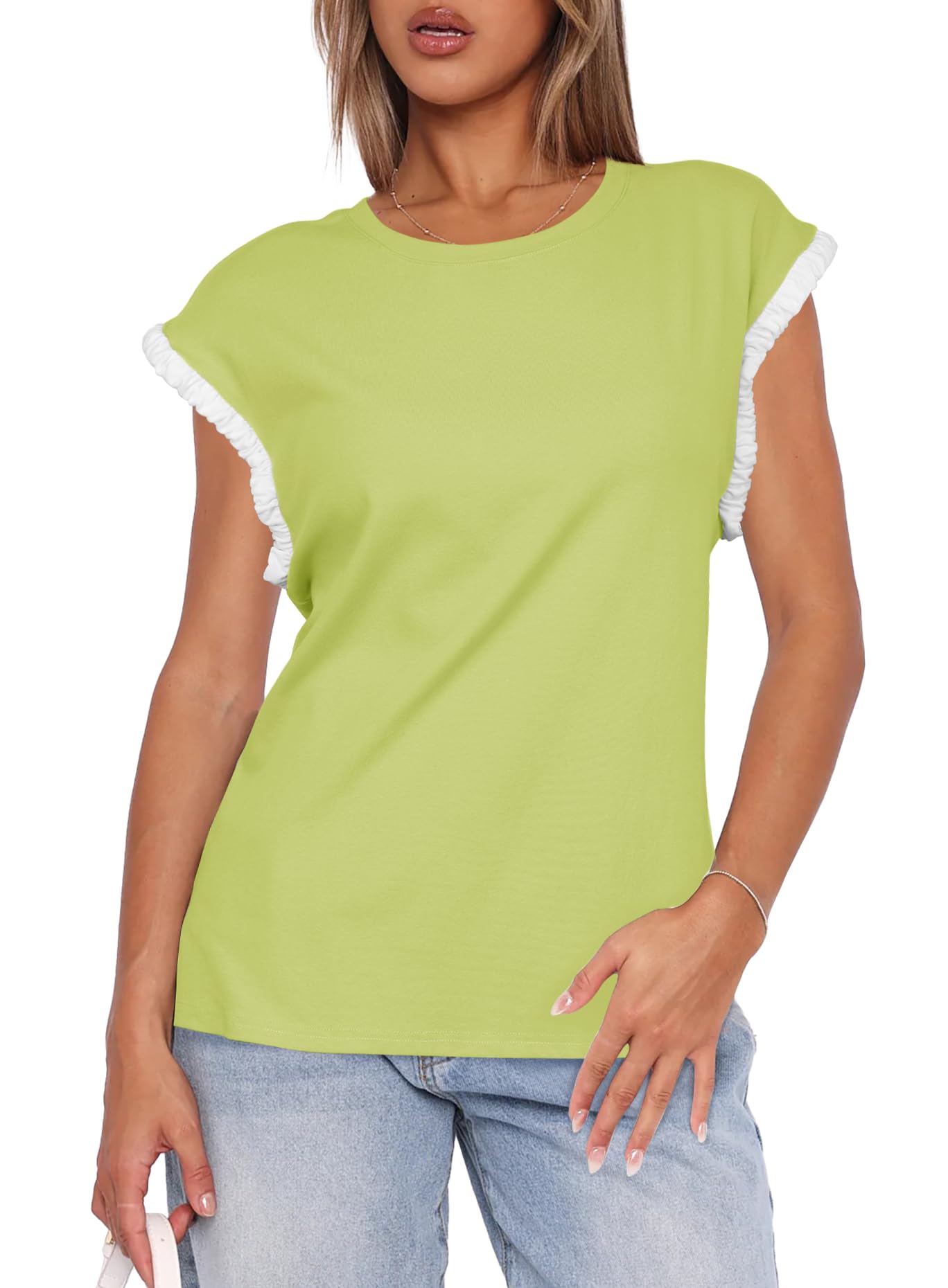 Darong Women's Casual Ruffle Cap Sleeve Crew Neck Tops Summer Cute Color Block Cotton Loose T Shirts Blouses