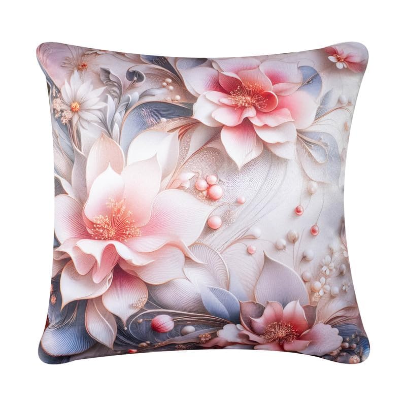 Image of Decorative Satin Sofa Cushion Covers Set of 5, 16 x 16 Inches, Multicolor Floral Printed Pillow Covers for Living Room, Bedroom, Couch & Sofa, Soft Glossy Fabric, Zipper Closure