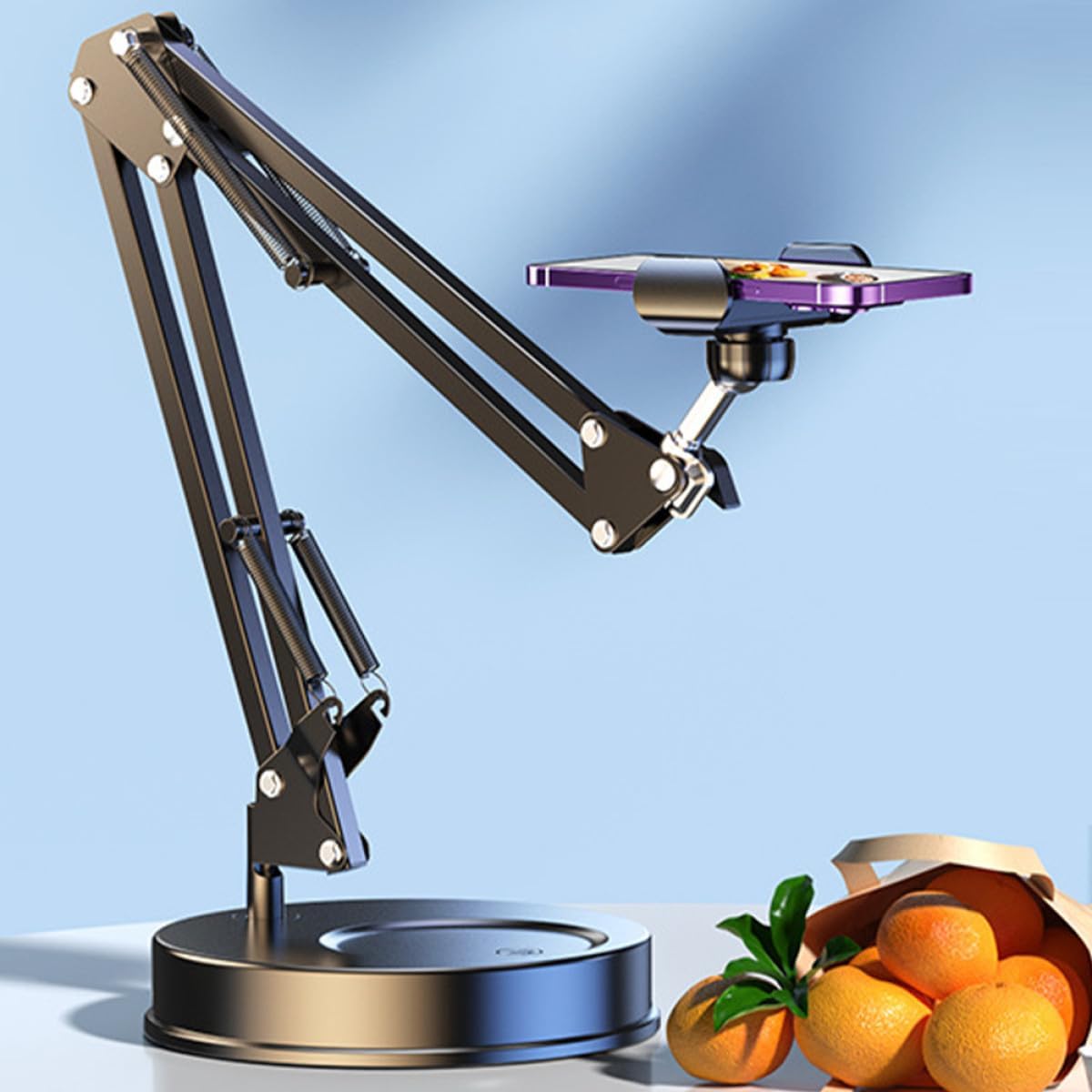 BESTYASH Adjustable Mobile Phone Holder with Weighted Base, Stable Desktop Cellphone Stand for Live Streaming and Food Photography, Black Portable Mount for Cellphone