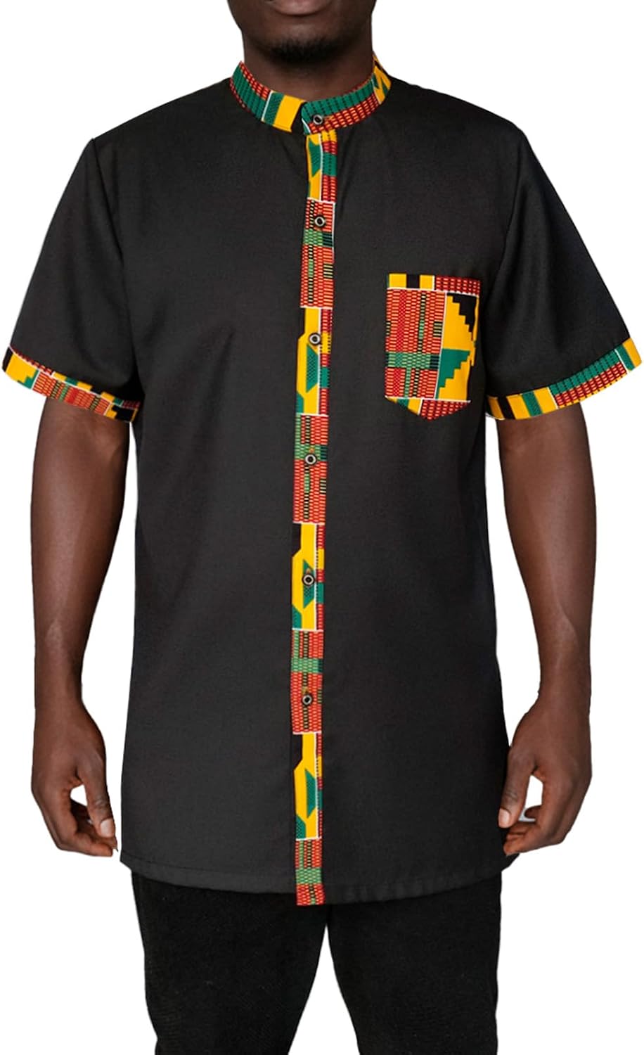 SEA&ALP Men's African Dashiki Shirt, Mandarin Collar Short Sleeve Kente Print Top Attire for Church, Wedding