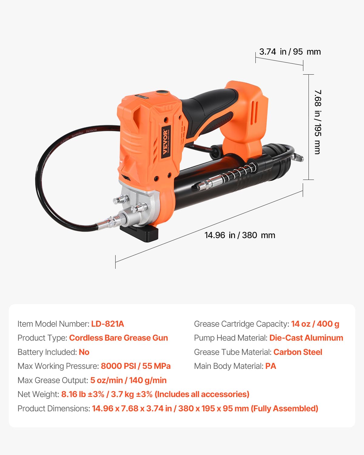 VEVOR Pistola Engrasadora Inalámbrica Funciona a Batería con Luz LED y Manguera de 89,5 cm, Gatillos de Velocidad Variable Presión Máxima de 80000 PSI para Engrasar Vehículos o Máquinas