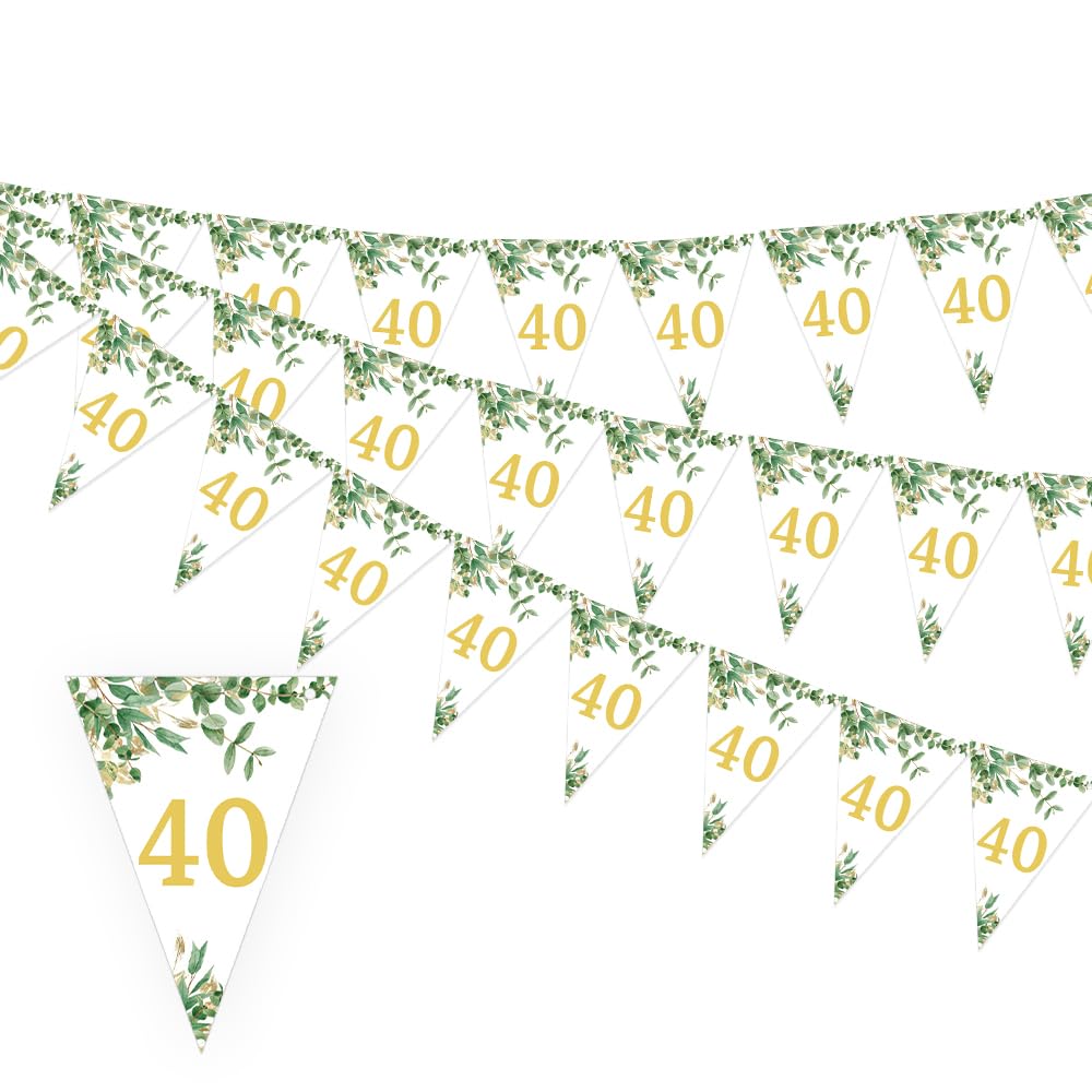 HSC 40th Birthday Decoration for Women, 40th Birthday Banner, 27-Piece Reusable Green White Gold Bunting Set, Ideal for Women's Party Decorations, Home and Outdoor Celebrations