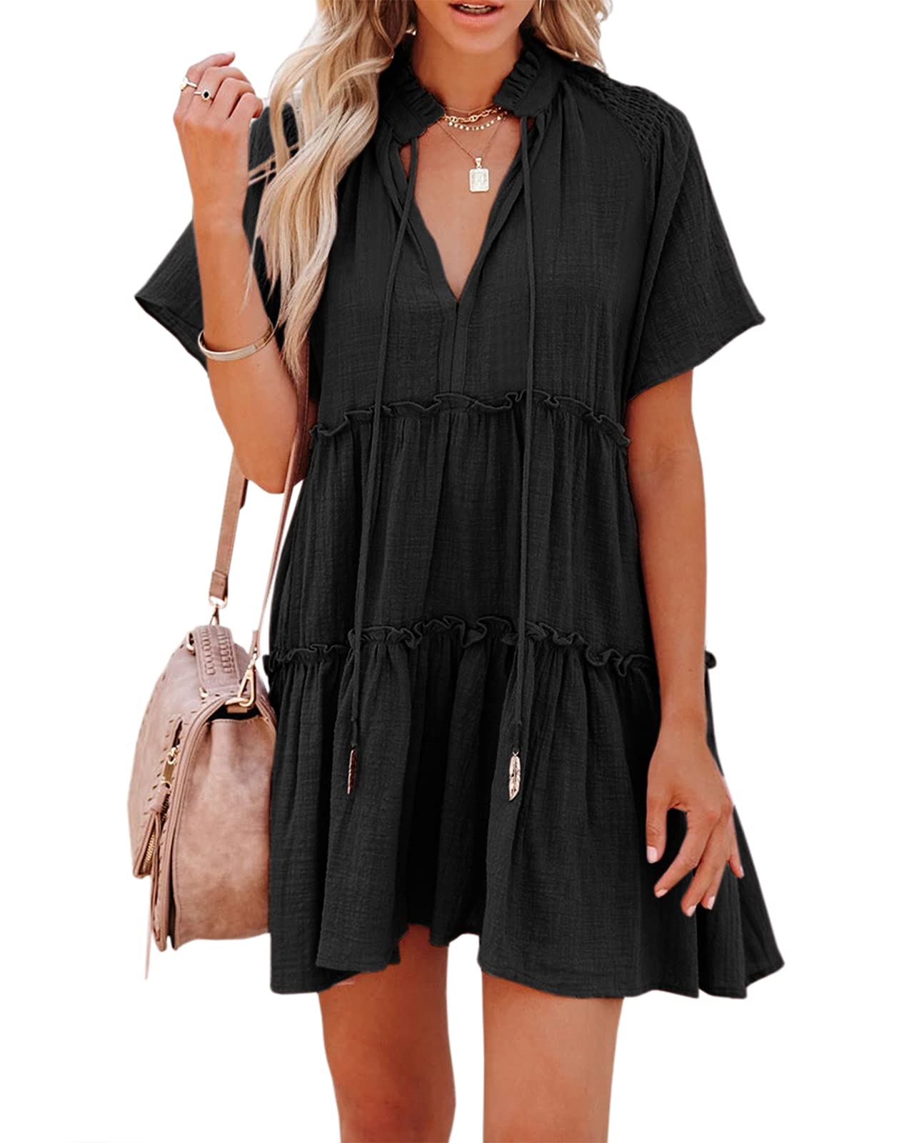 Dellytop Split V Neck Ruffle Tiered Dress Short Sleeve Black