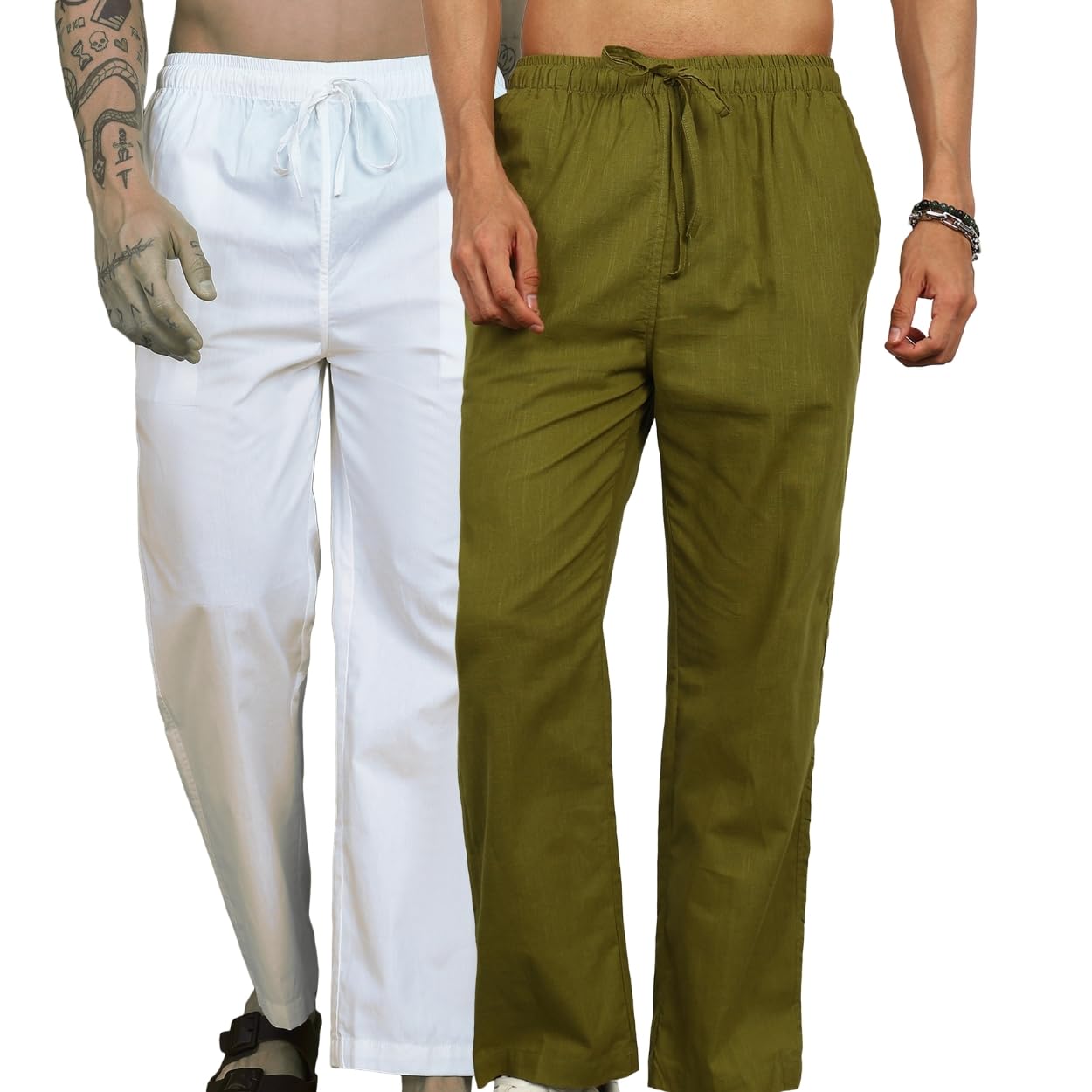 Men's Linen Cotton Pyjama 2-Pack - Relaxed Straight-Leg Lounge Pants, White & Olive; elastic drawcord waist, deep pockets, breathable comfort for home | White-Olive Green-image-48