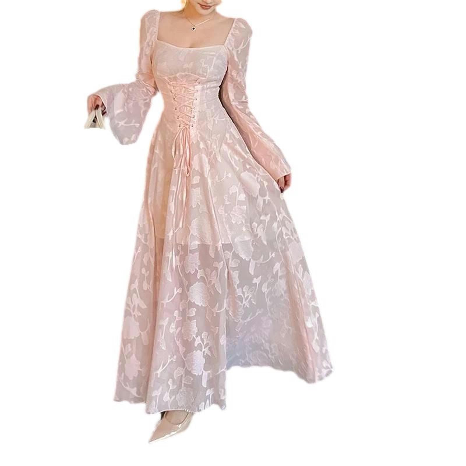 Vestido Elegante de Moda para Damas, con Escote en V, Manga Acampanada y Escote en V, Color Rosa, Talla S