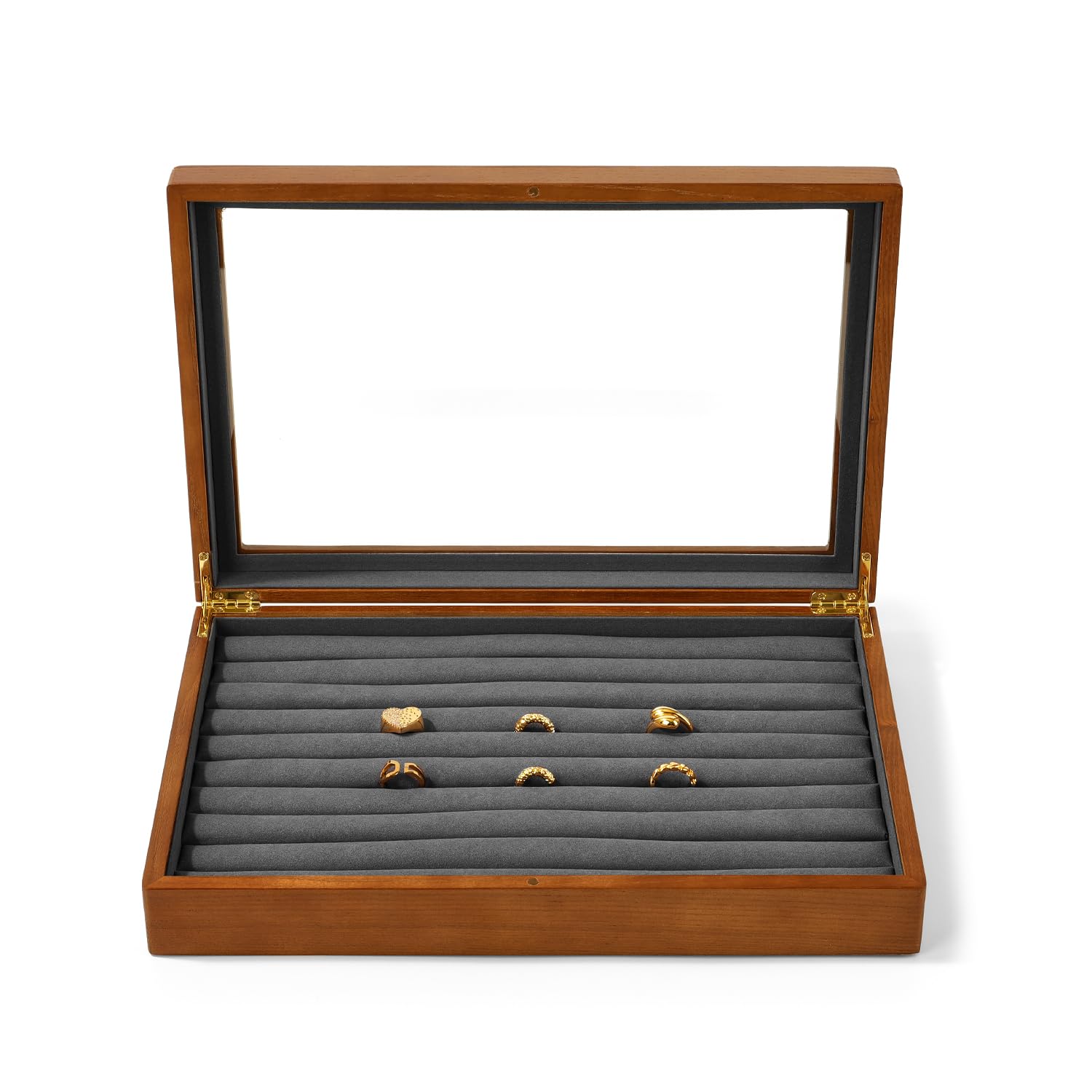 Oirlv Caja de almacenamiento con tapa de cristal de madera maciza con 9 ranuras para anillos y pendientes