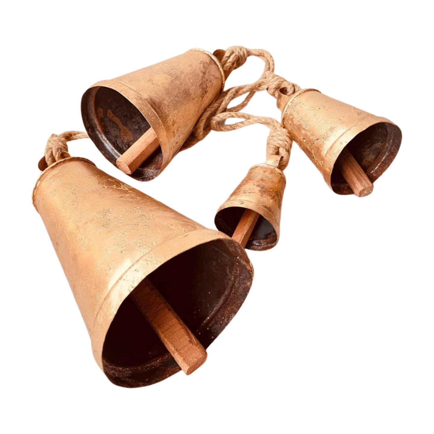 Campana vintage Shabby Chic con revestimiento de latón, estilo rústico para colgar en la pared, campanas de vaca gigantes, campanas de la suerte (4 campanas cónicas de 4 a 6 a 8 a 10 pulgadas)