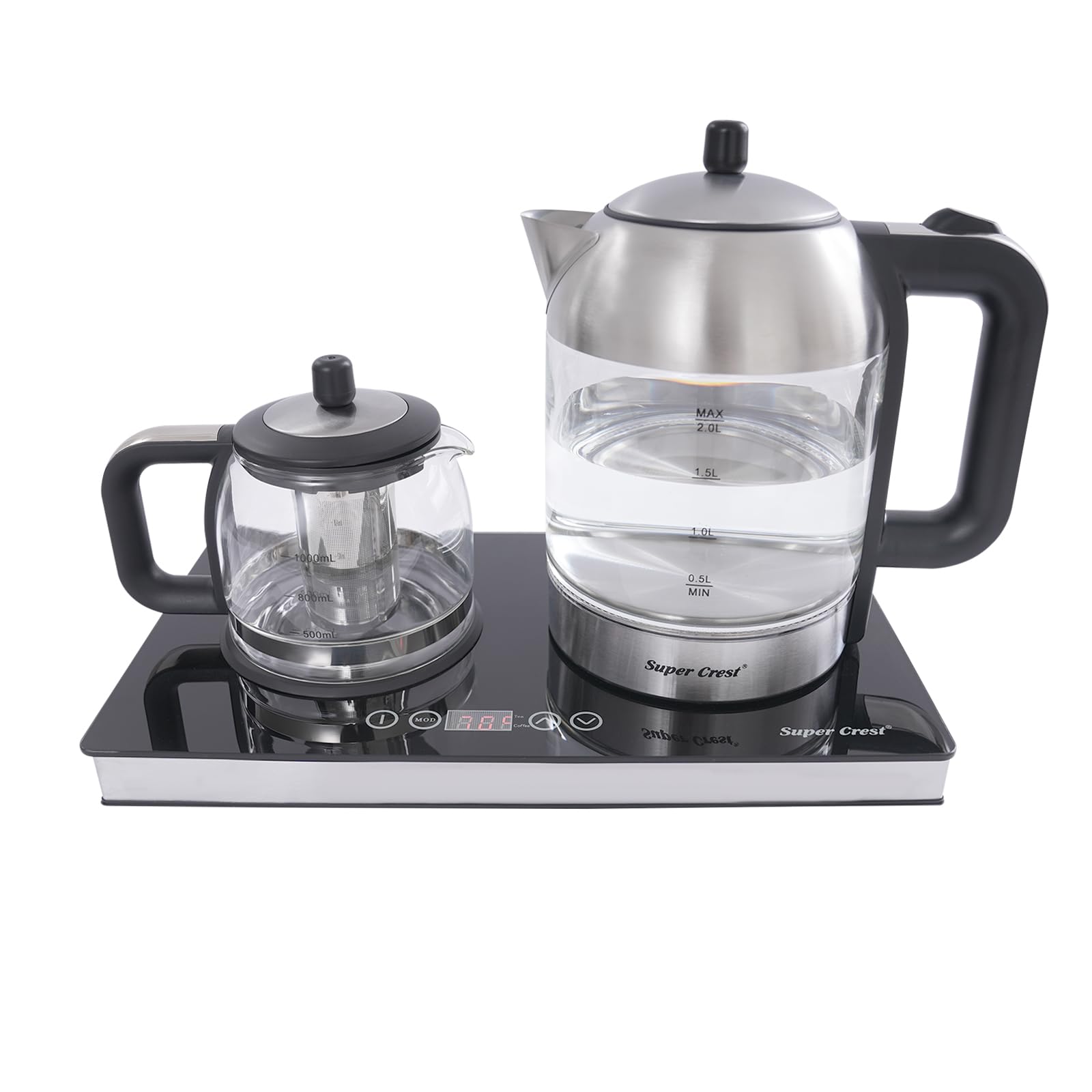 Estación de té y café en uno, base de hervidor de agua con pantalla LCD | Tetera de 2 litros y 1 L con filtro de acero inoxidable, ajuste de temperatura y sensor táctil, estación de té de 1500 W
