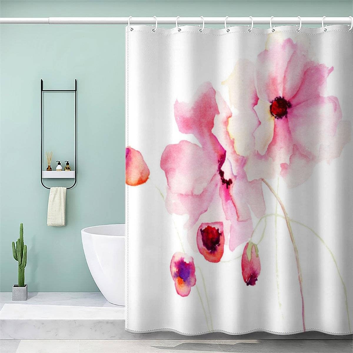 AOLIGL Shower Curtain 180x180cm Waterproof Shower Curtain Flower Pink Bath Curtains for Shower Wet Room Unique Printed Pink Watercolor Shower Curtain Rust Proof Eyelets