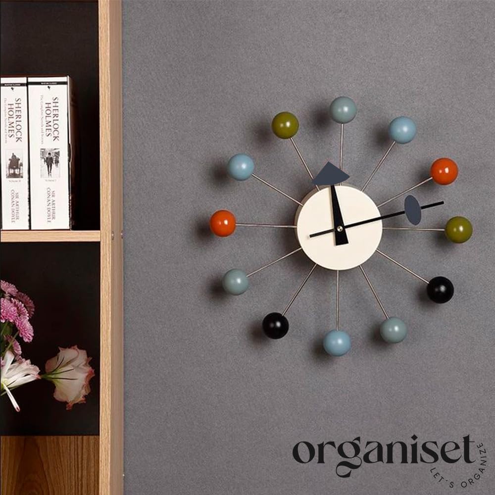 ORGANISET | Wood Ball Wall Clock 13 inches Silent Non Ticking Battery Operated, Ball Drop Clock, Kirch Sunburst Clock, Mid Century Wall Clock, Colorful Wall Clock, Sun Burst Clock, Modern Wall Clock