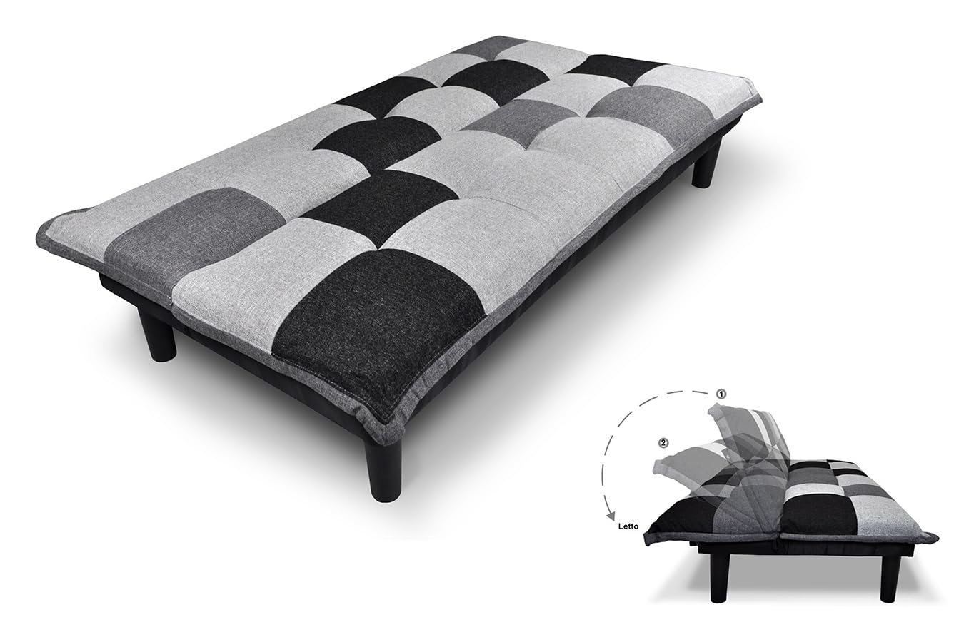 SAMIRA Divano letto clic clac in tessuto grigio scuro - nero - grigio chiaro - Divanetto mod. Russell
