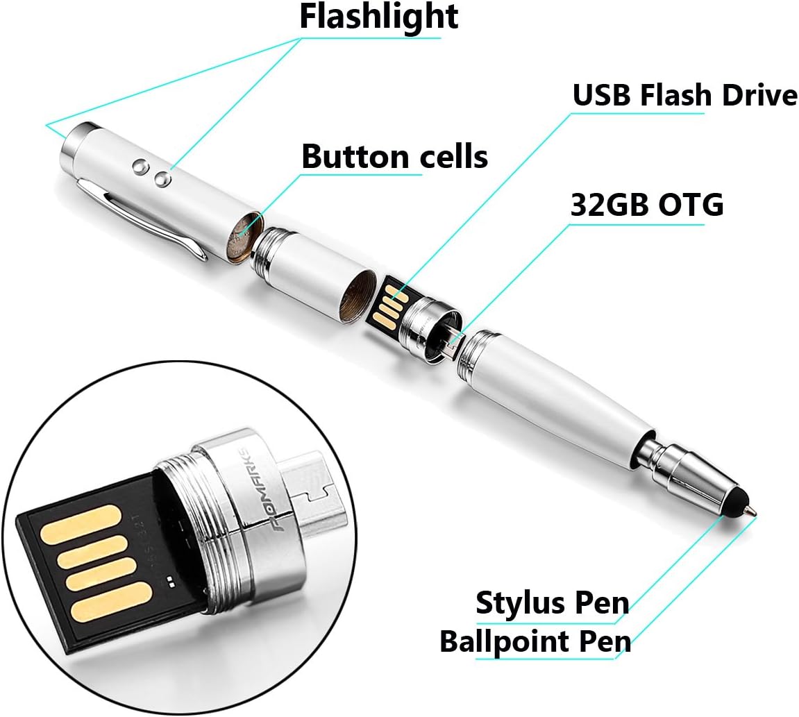 Pomarks 5in1 Multi-function Business Pen, 32GB USB OTG Flash Drive, Stylus Pen & Ballpoint Pen & FlashLight, Perfect for iPhone, Android Smartphone and Tablet (Ivory White)