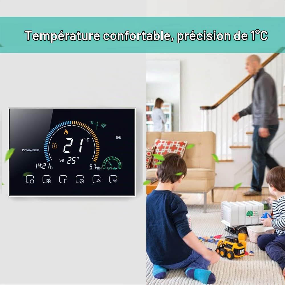 Kavolet Thermostat Intelligent Wi-FI, pour chaudière Eau/gaz, avec Indice UV/Affichage humidité/Fonction de Verrouillage, contrôle APP Vocal, Compatible avec Echo Google Home