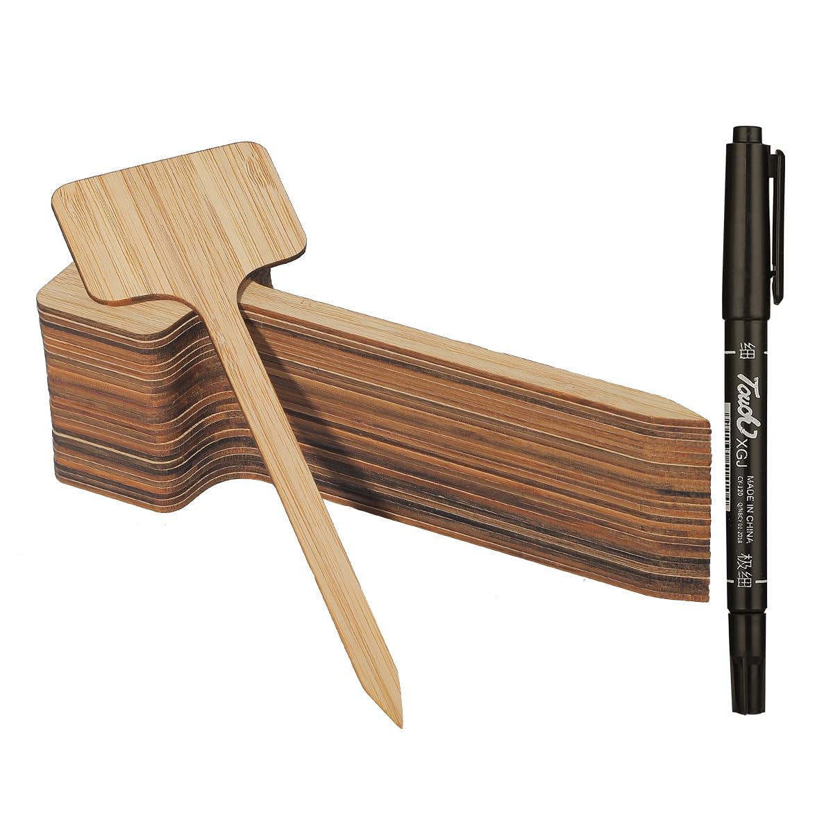 Worown 30 Stück Umweltfreundliche Pflanzenschilder aus Bambus, Extra lange T-förmiges, Langlebiges Pflanzschilder Holz mit Schwarzer Wasserfest Markerstift (H:18cm x W:6cm)