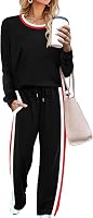 WIHOLL Women's 2 Piece Lounge Set: Long Sleeve Color Block Top & Wide Leg Sweatpants with Pockets - Cozy Fall Winter Outfits