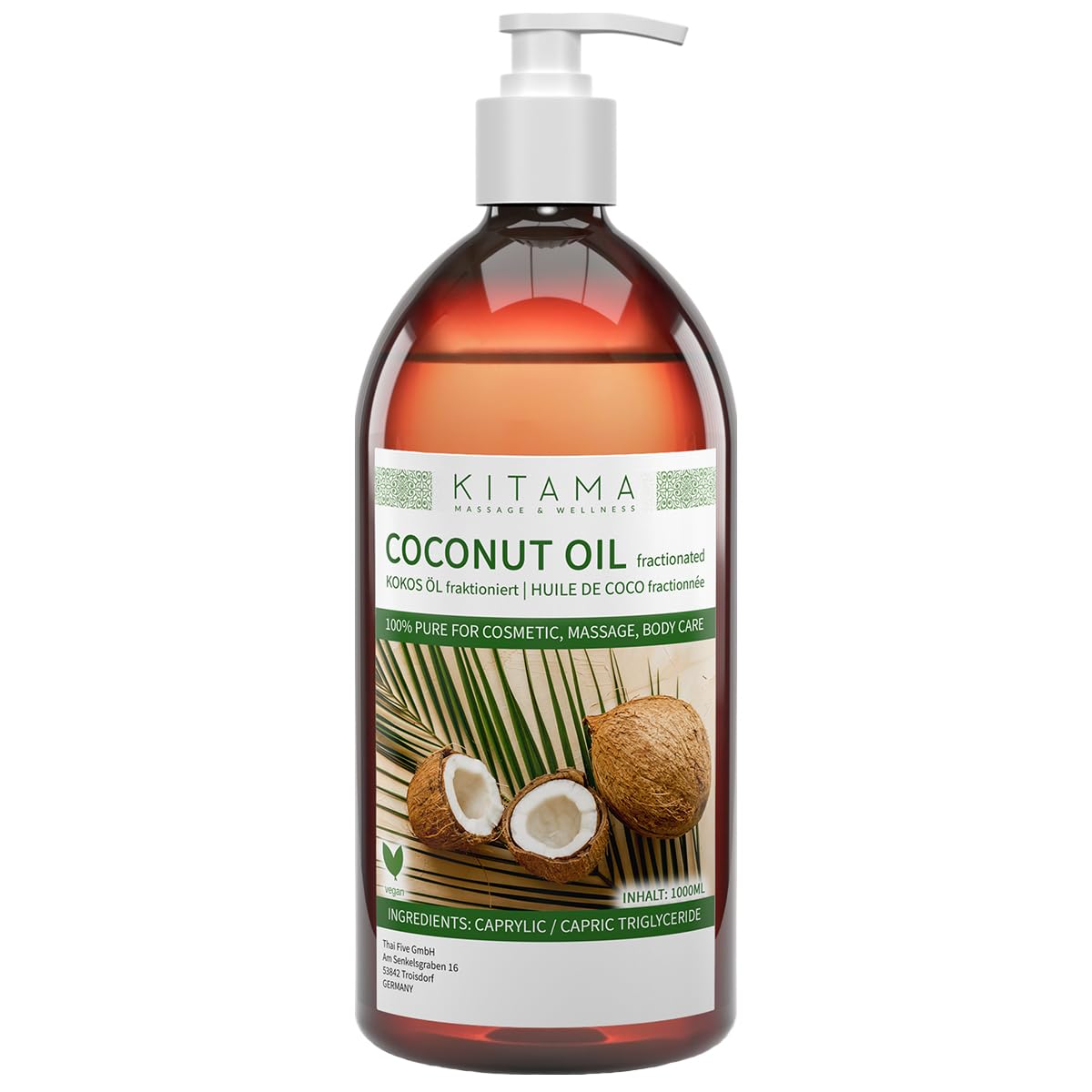 Olio di cocco frazionato, olio da massaggio neutro per benessere e spa, olio vegetale vettore per oli essenziali, vegano, inodore, non grasso, cura della pelle e dei capelli (1000 ml)