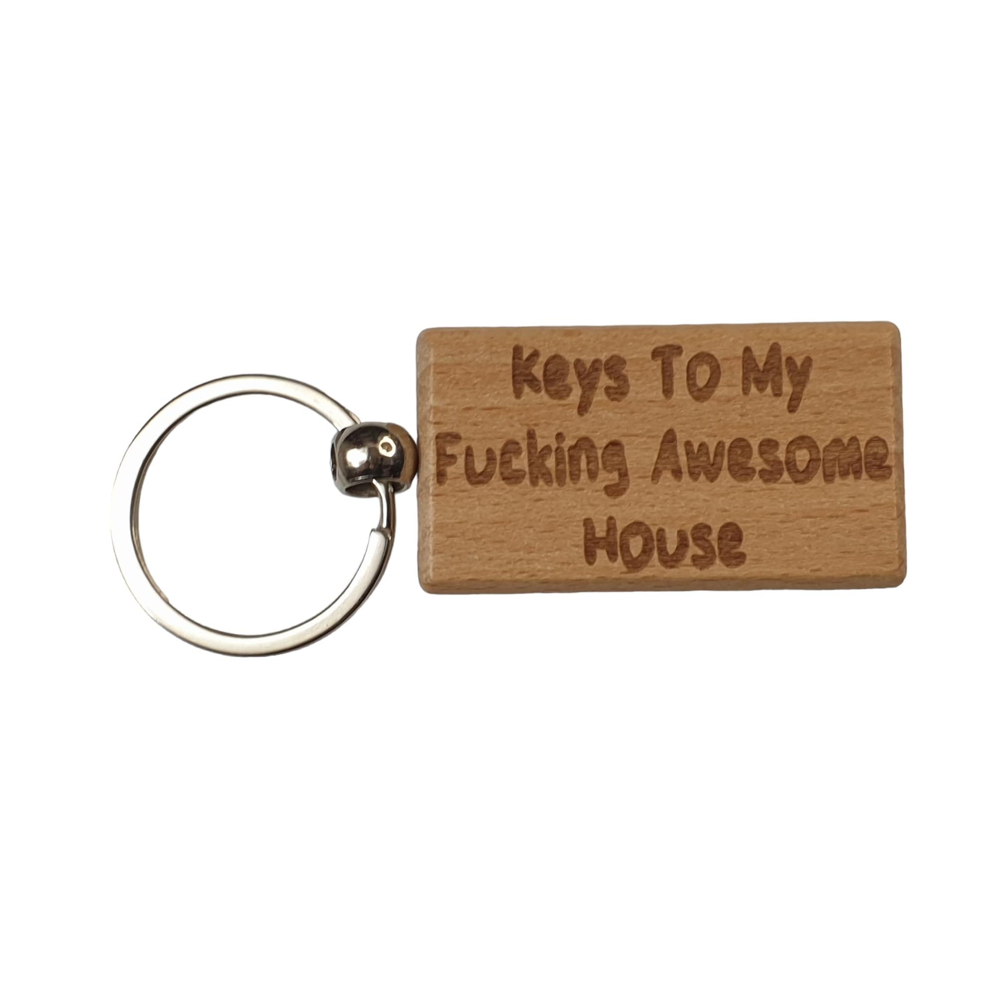 Decalarama Brown House Keyring Gift - Keys To My Fucking Awesome House - Nice Cute Engraved Wooden Key Fob Novelty Custom Present