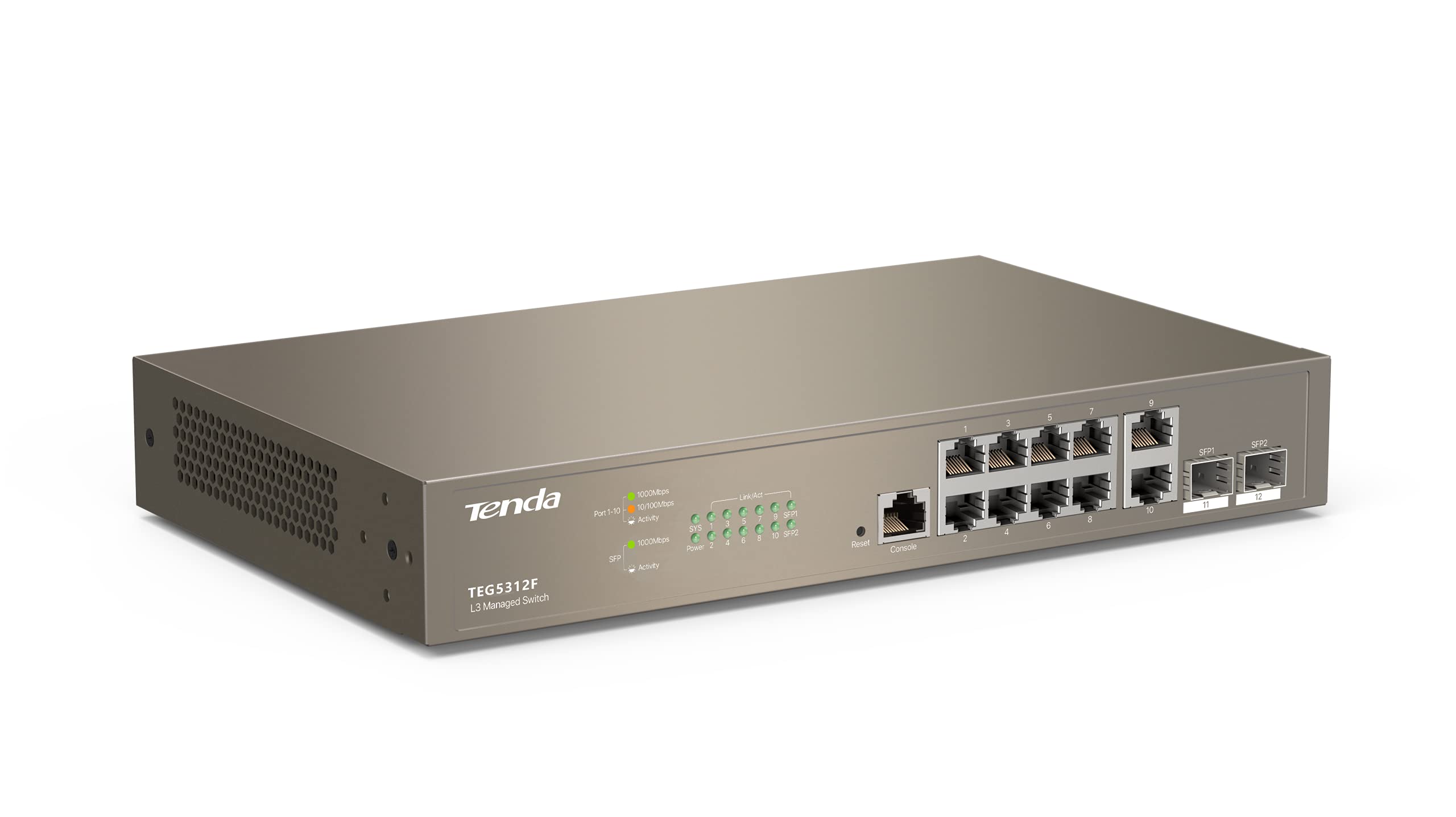 Tenda TEG5312F Switch Ethernet Gigabit Managed L3, 10 Porte Gigabit Base-T Ethernet con 2 Porte Gigabit Base-X SFP, QoS, Difese da Attacchi Multipli, Desktop e Montato su Rack, Struttura in Acciaio