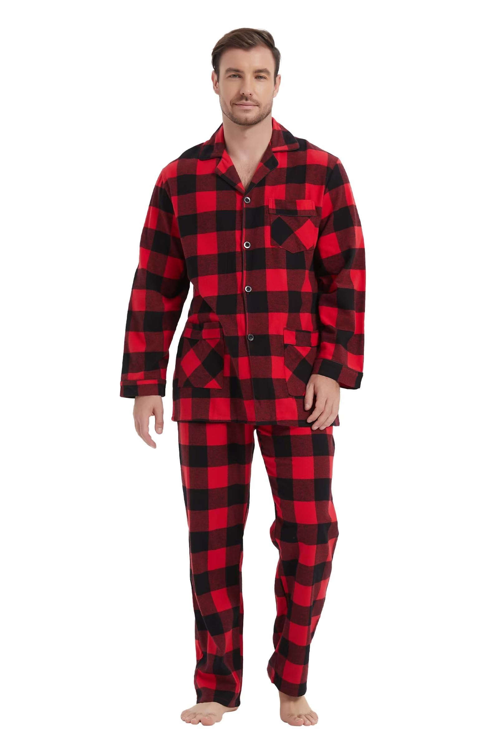 Pigiama da uomo in 100% flanella di cotone tinto in filato a quadri, comodi pantaloni pigiama con tasche e coulisse in vita, pigiama invernale da uomo
