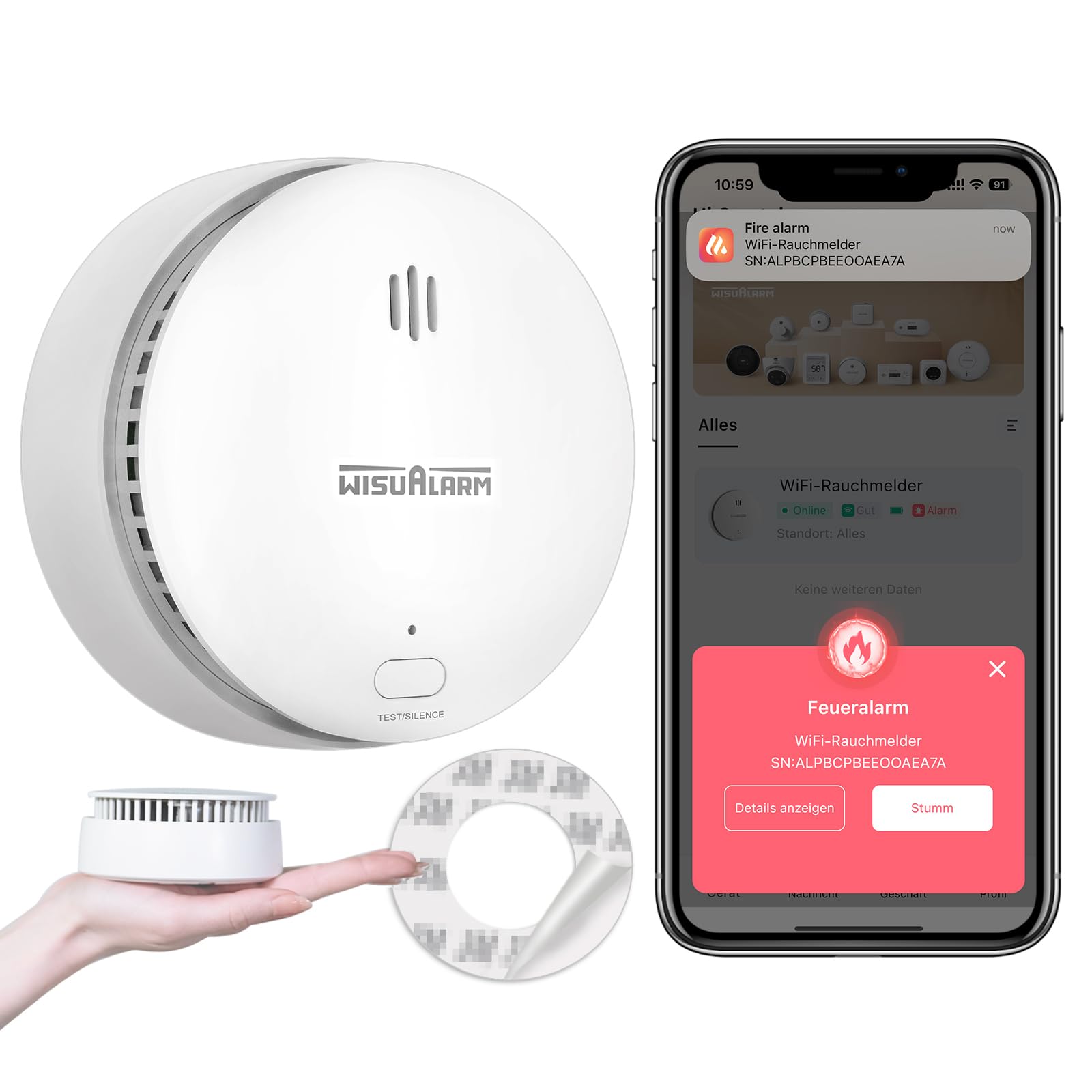 Wisualarm White Wifi Smoke Alarm, Smart Smoke Detector For Home With Replaceable Battery, Compatiable With Home Security App, Wifi Smoke Detector Certificated By Tüv Comply With En 14604 (1 Pack)