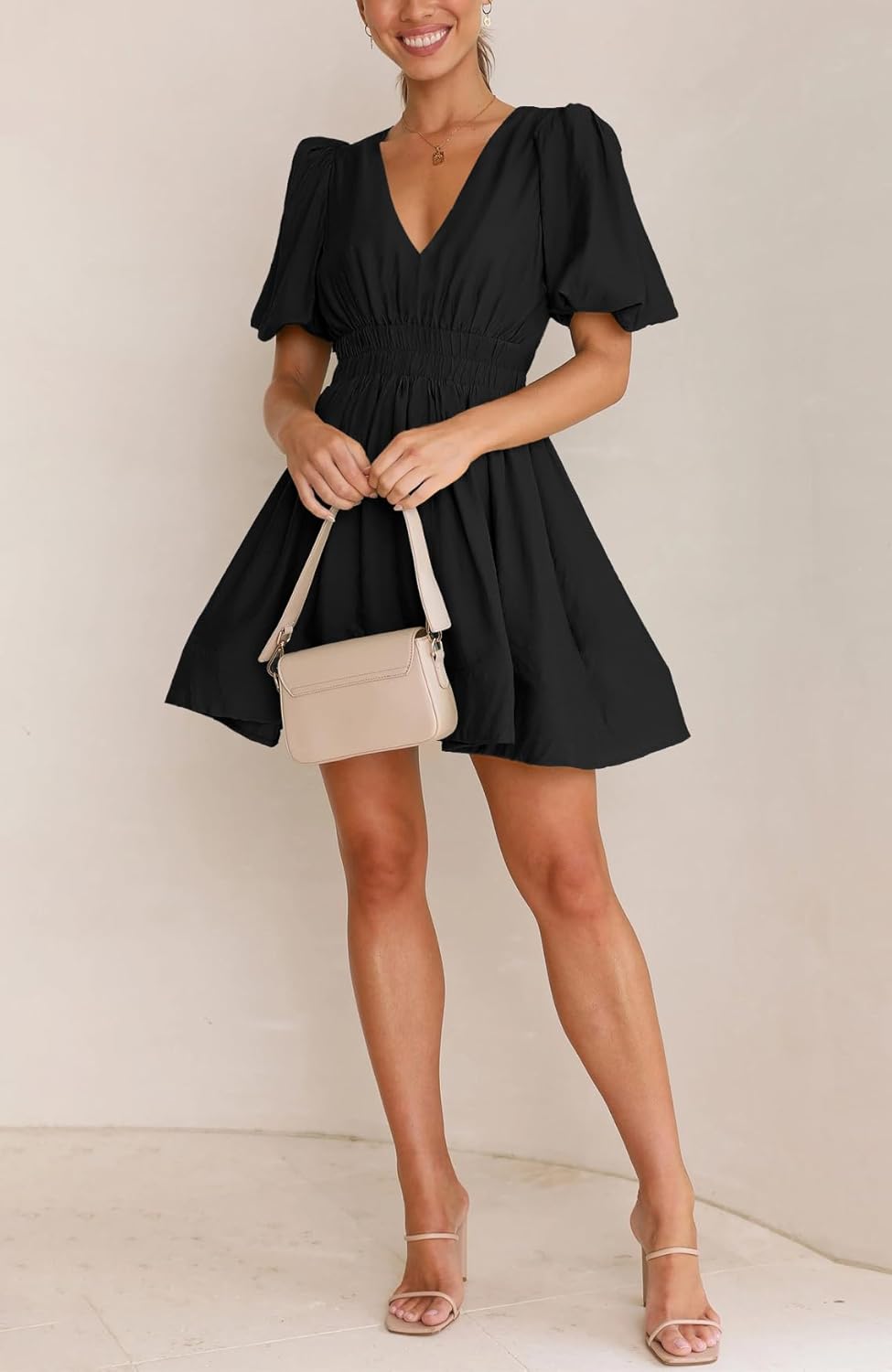 BWQ Women Mini Dress Short Puff Sleeve Sexy V Neck Dress A-line Elastic High Waisted Casual Flowy Summer Dresses - Image 3