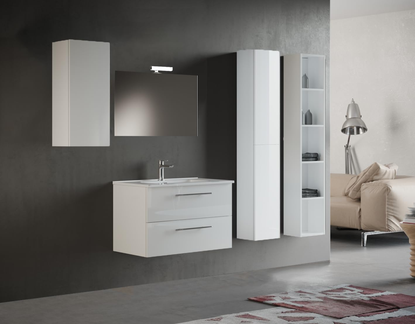 Mama Store IRIS 100 - Mobile Bagno Sospeso IN KIT DA MONTARE 100 CM BIANCO LUCIDO LACCATO con Lavabo, Specchio e Lampada LED, L.101 X P.47 X H.53 cm