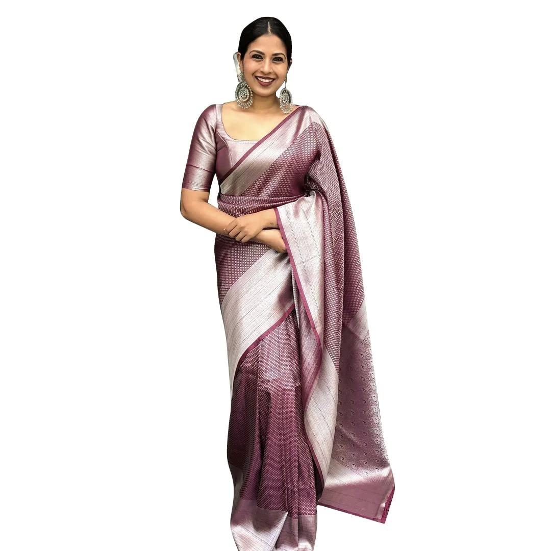 Varkala SilkPalace Women's Mahi Kanchipuram Banarasi Lichi Kanjivaram Silk Saree With Plain Unstitched Blouse Piece