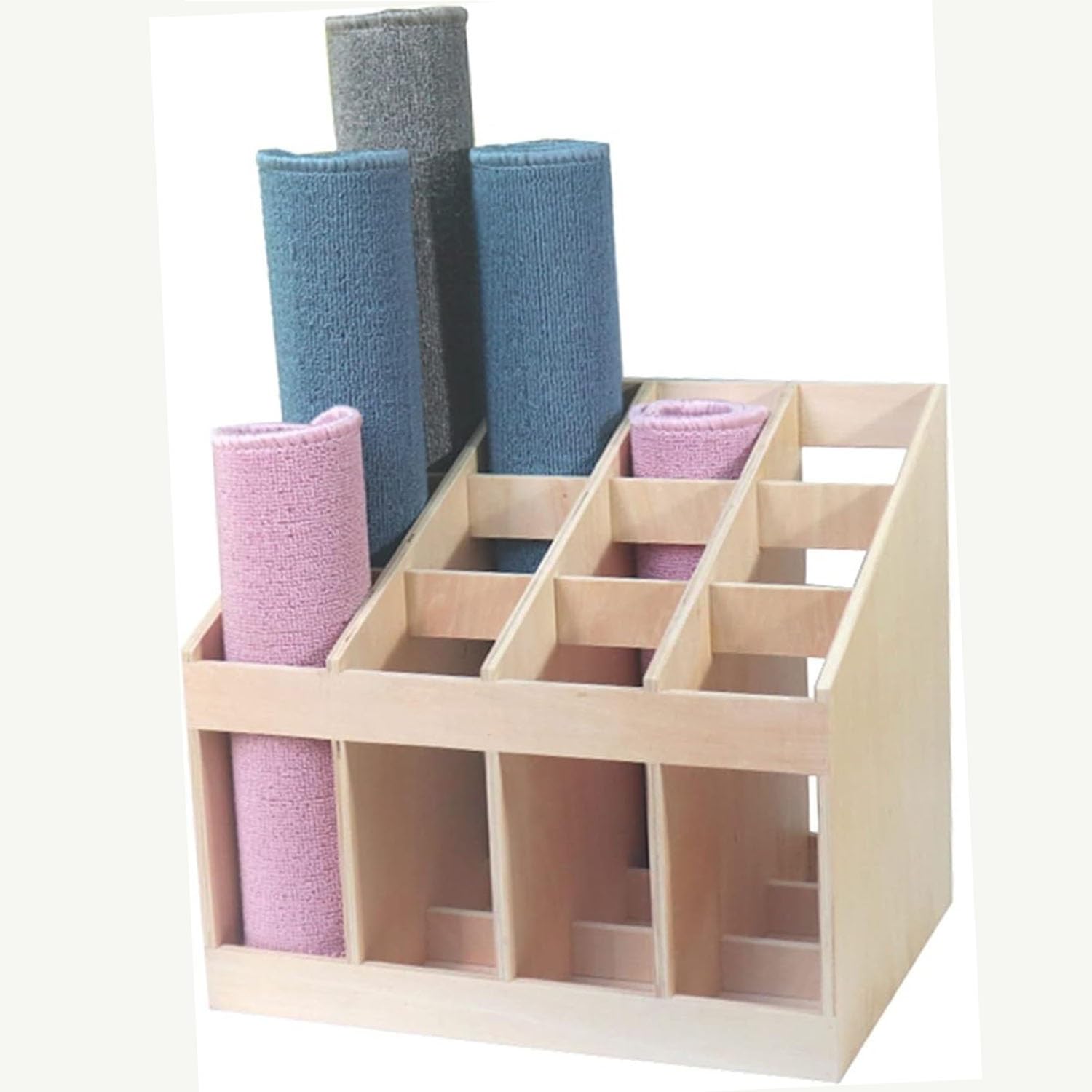 Supporto per tappeti Montessori con 12 scomparti, ripiano in legno per tappeti per il gioco sensoriale, scatola porta tappetino da yoga per la scuola materna e lasilo.