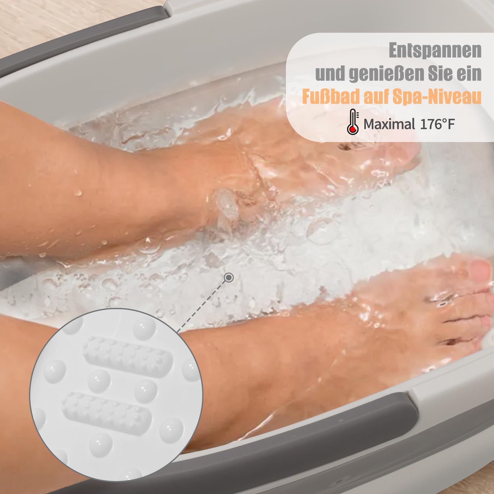 DEANIC Fußbad Fussbad mit Massage Faltbare Fußbadewanne, Fußwanne Fussbadewanne mit Massage, Mit Griff Tragbares Fußmassage (Grau)