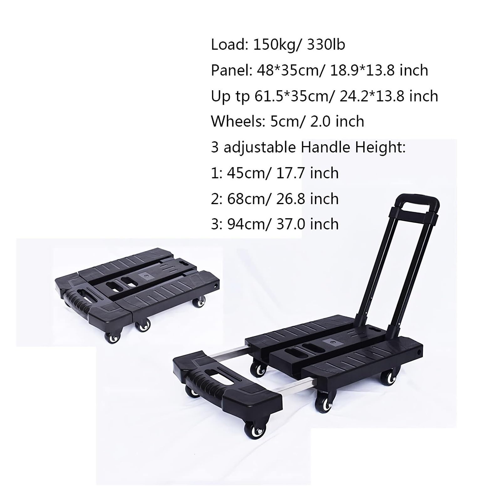 Carrello a mano a 6 ruote con base piatta, 150 kg, resistente, con manico espandibile, per casa, ufficio, viaggi, traslochi
